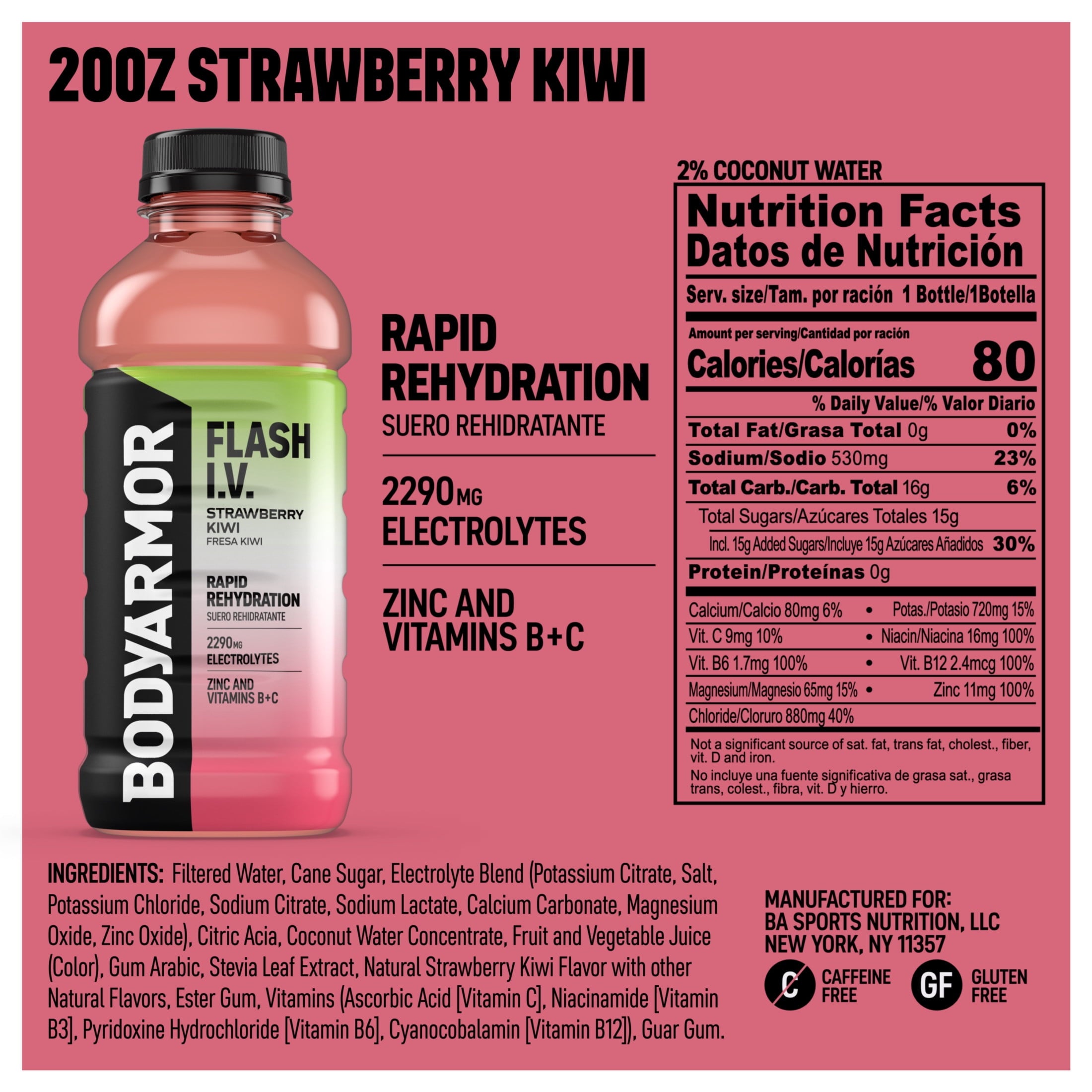 BODYARMOR Flash I.V. Strawberry Kiwi Electrolyte Sports Drink Bottle, 20 fl oz
