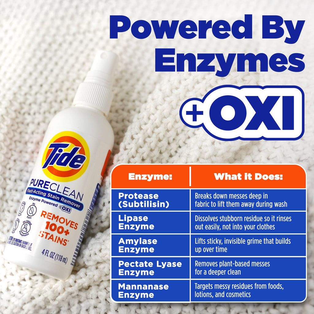 Tide PureClean Stain Remover, Enzyme Powered, With OXI, Fast-Acting and Color-Safe Formula, 4 fl oz