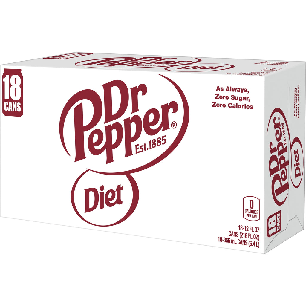 Diet Dr Pepper Soda Pop, 12 fl oz cans, 18 pack