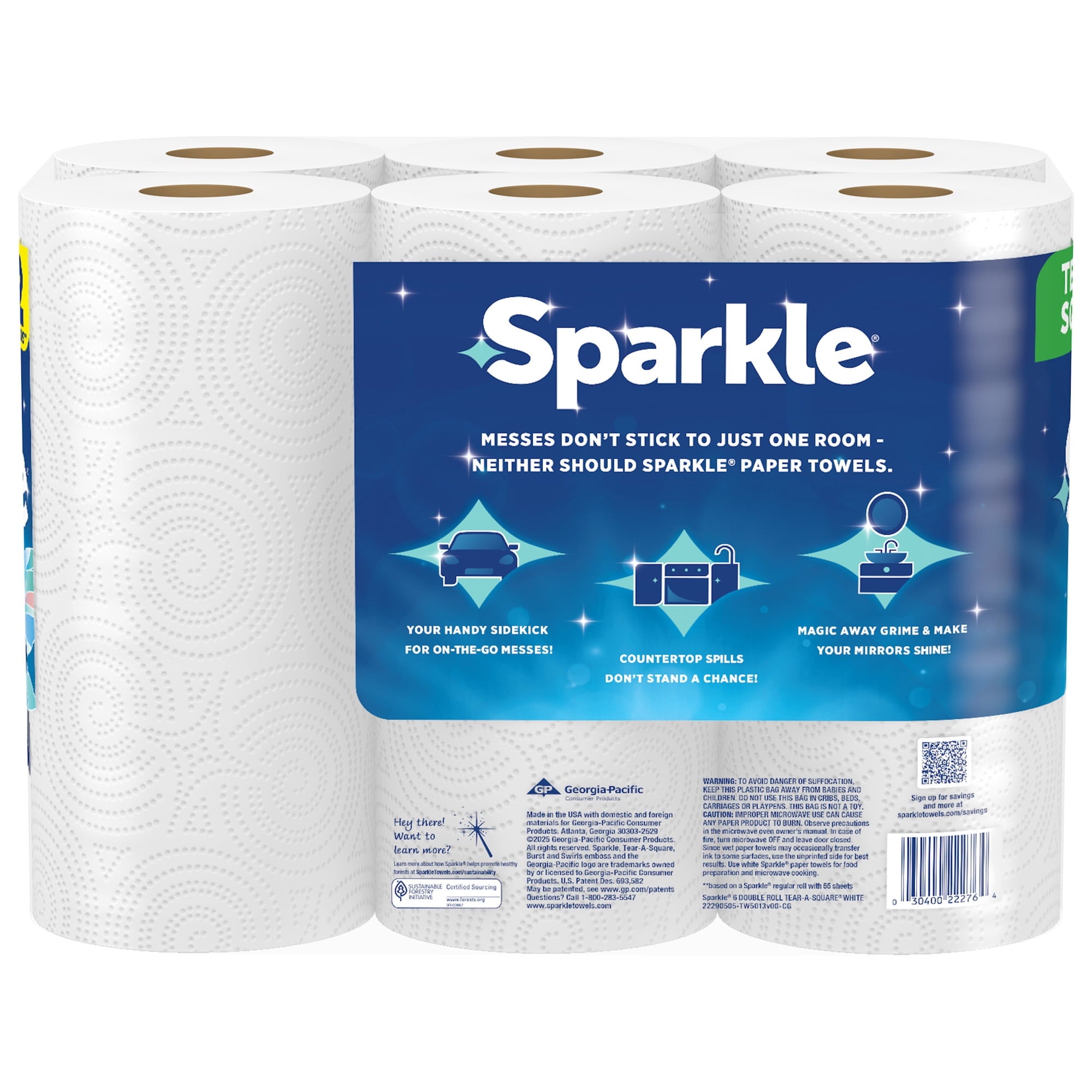 Sparkle Tear-A-Square Paper Towels, 6 Double Rolls, 110 Sheets per Roll