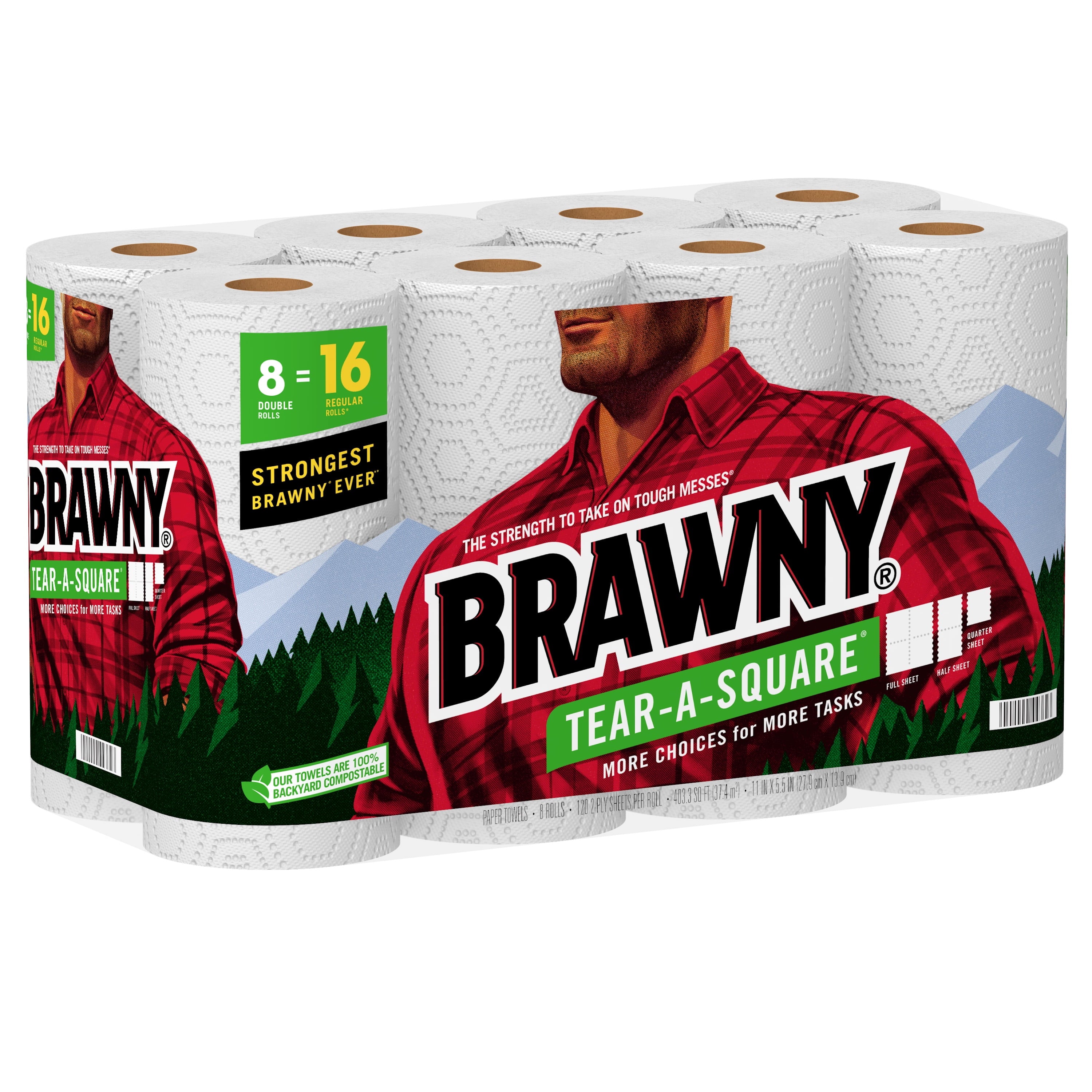 Brawny Tear-a-Square Paper Towels, White, 3 Sheet Sizes, 8 Double Rolls