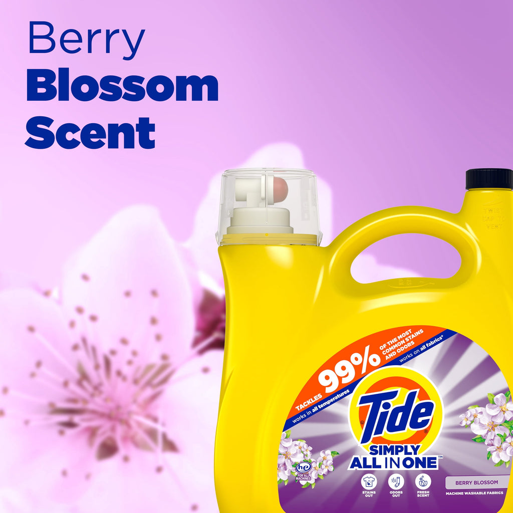 Tide Simply Liquid Laundry Detergent, Clean & Fresh, Berry Blossom Scent, 85 Loads, 107 fl oz