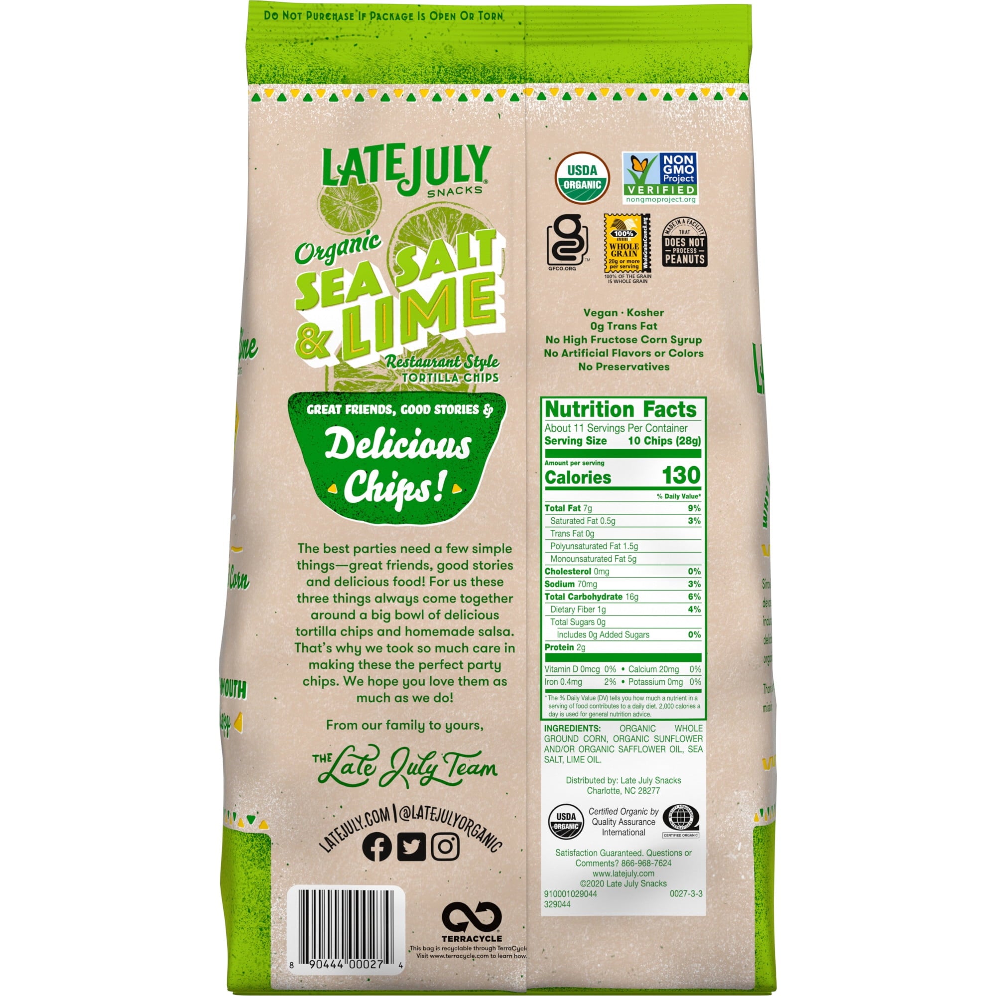 LATE JULY Snacks Restaurant Style Sea Salt & Lime Tortilla Chips, 11 oz. Bag