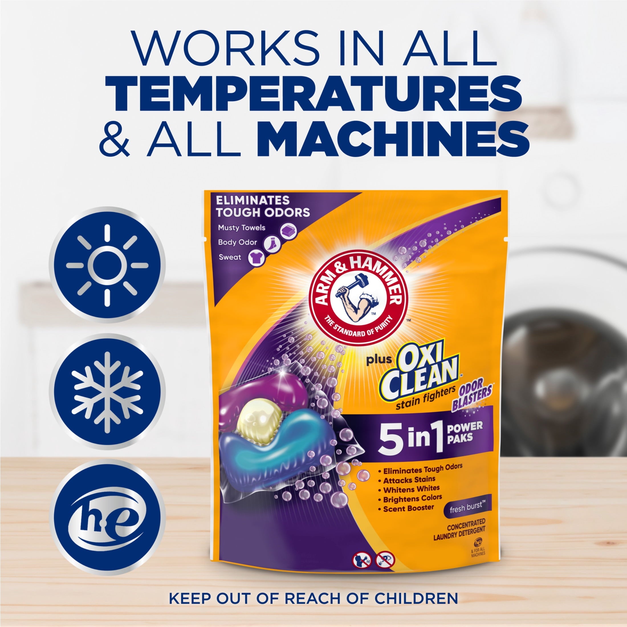 ARM & HAMMER Plus OxiClean With Odor Blasters Laundry Detergent, 5-IN-1 Power Paks, 72 Ct