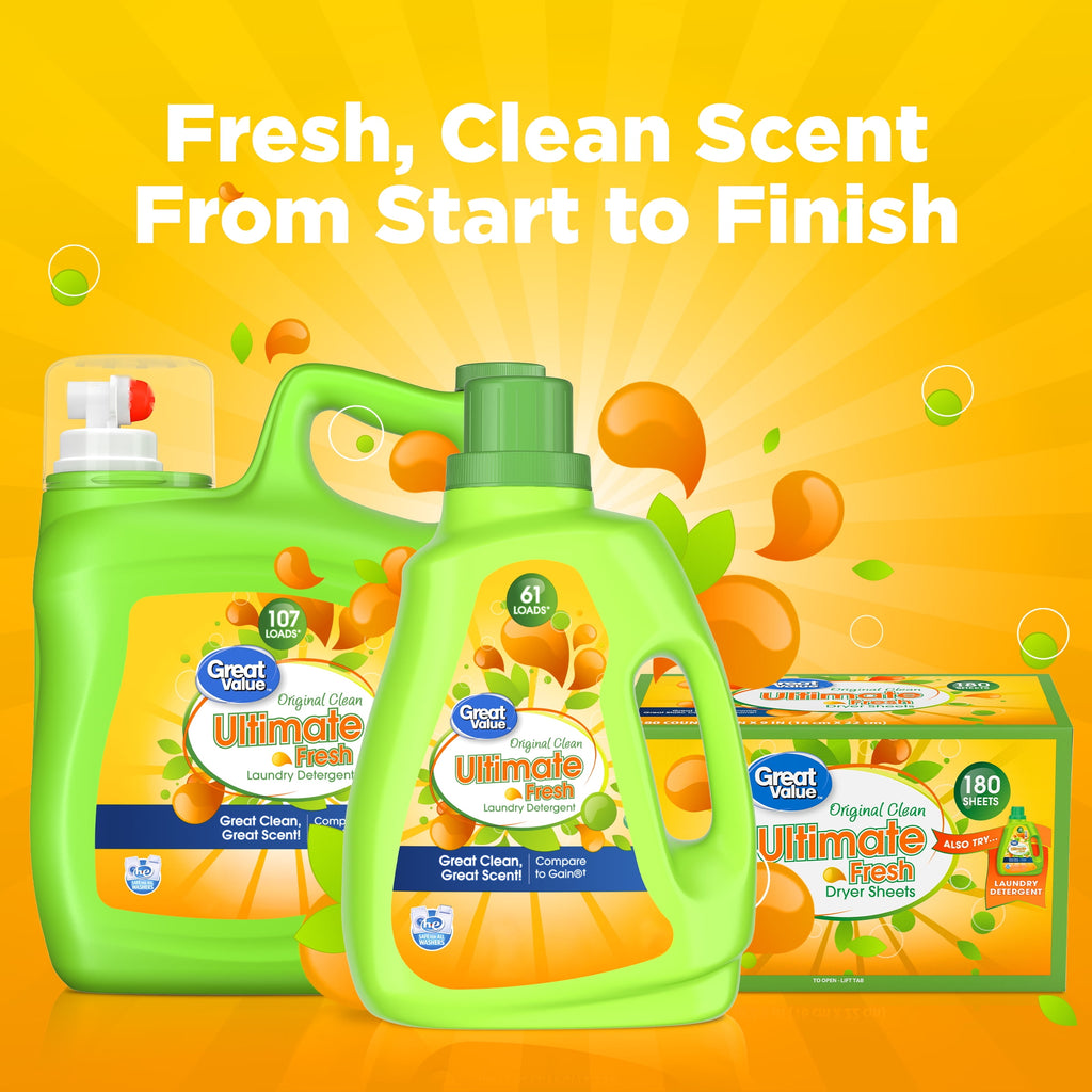 Great Value Ultimate Fresh Laundry Detergent, Original Clean, 88 fl oz, 61 Loads
