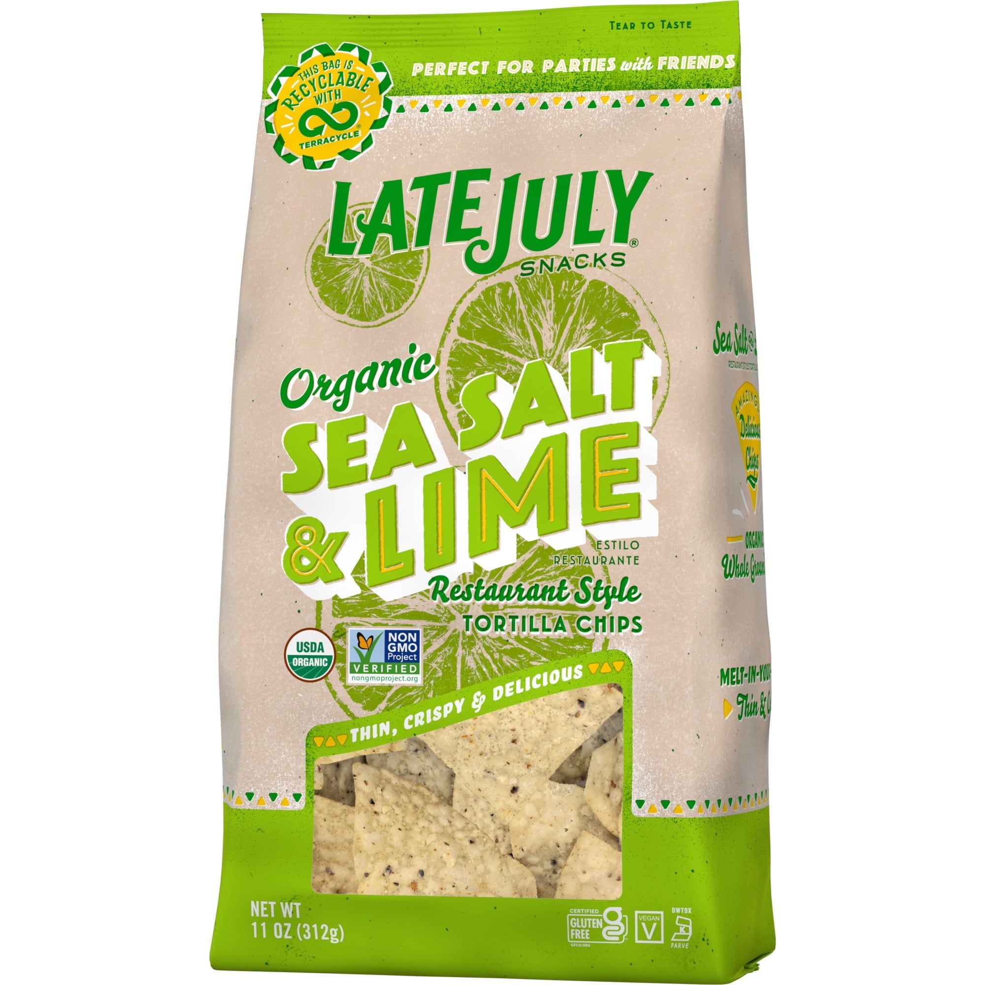 LATE JULY Snacks Restaurant Style Sea Salt & Lime Tortilla Chips, 11 oz. Bag