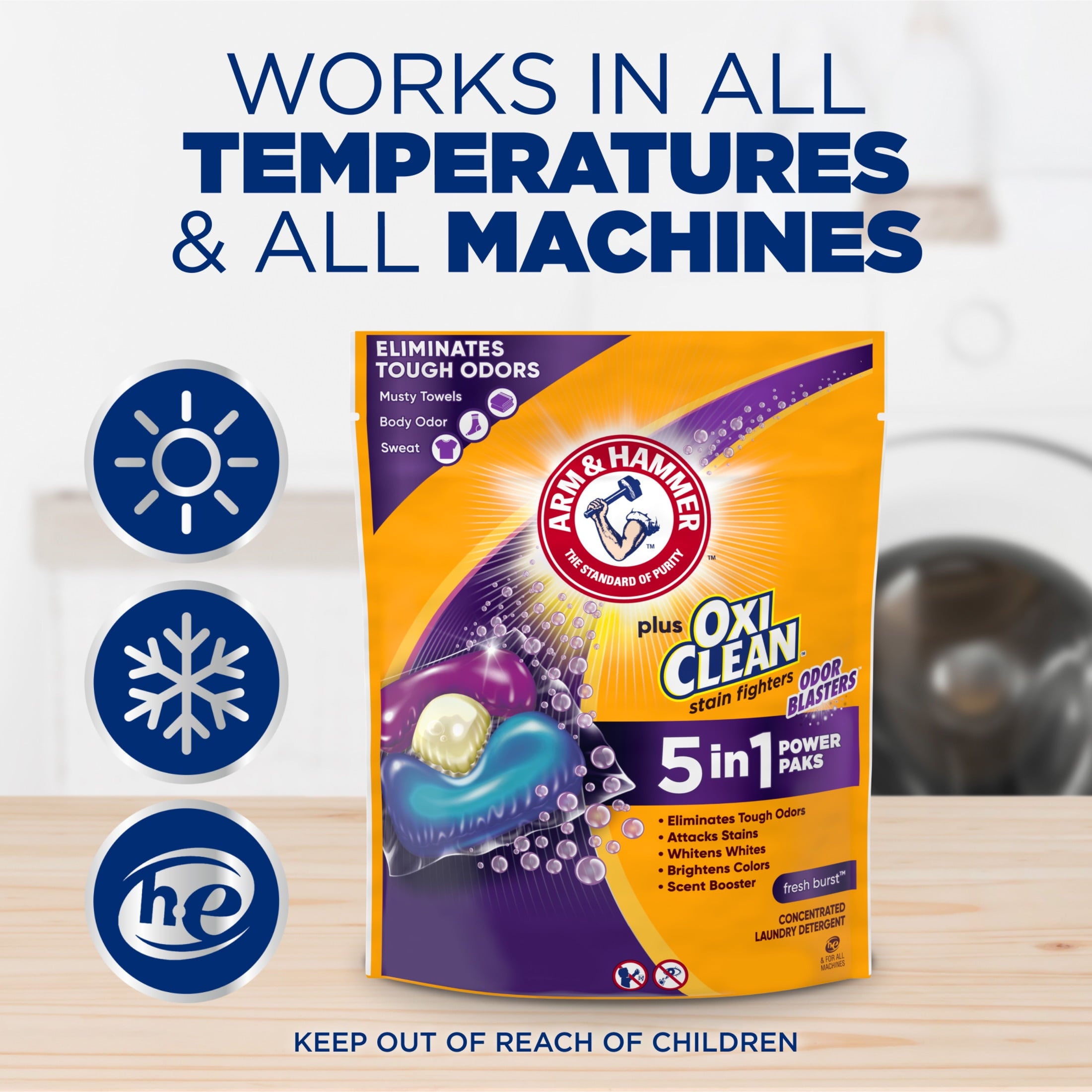 ARM & HAMMER Plus OxiClean Odor Blasters 5-in-1 Laundry Detergent Power Paks, Fresh Burst, 42 Ct