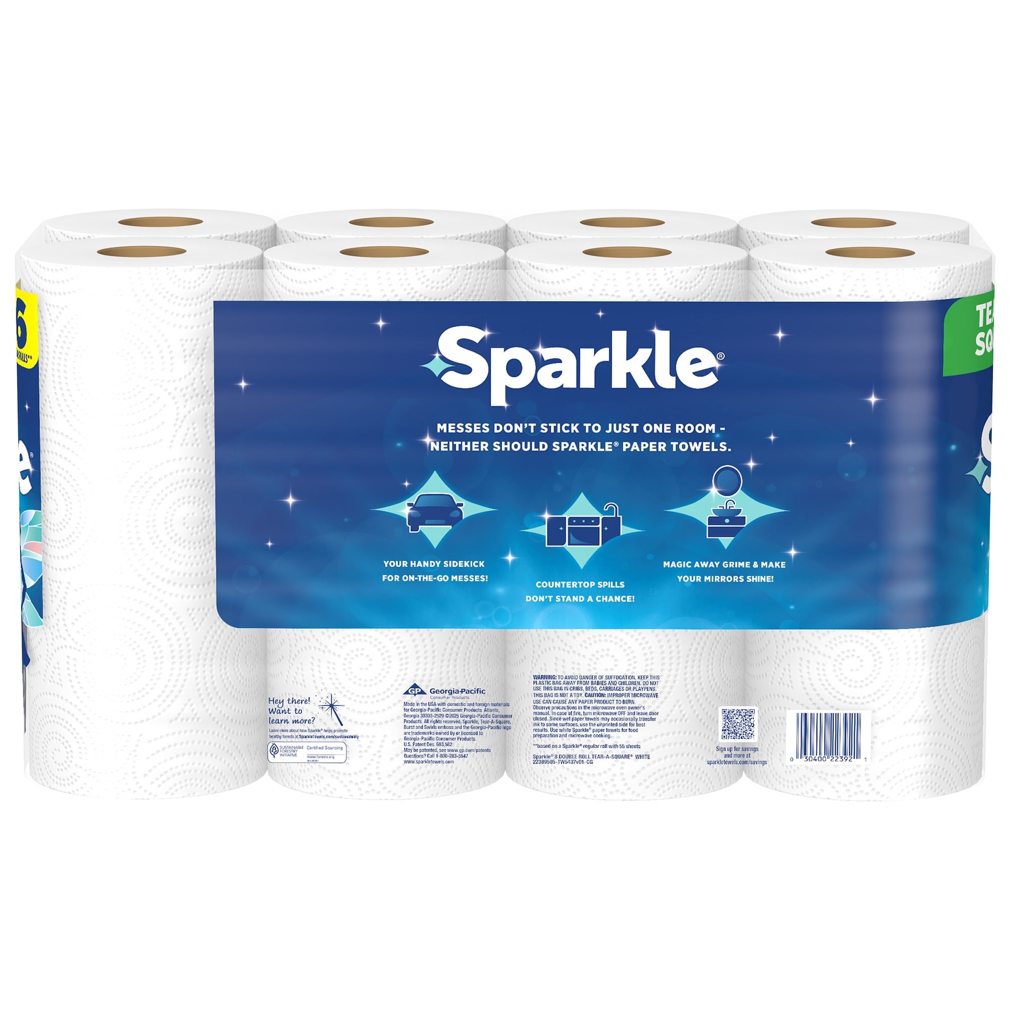 Sparkle Tear-A-Square Paper Towels, 8 Double Rolls, 110 Sheets per Roll