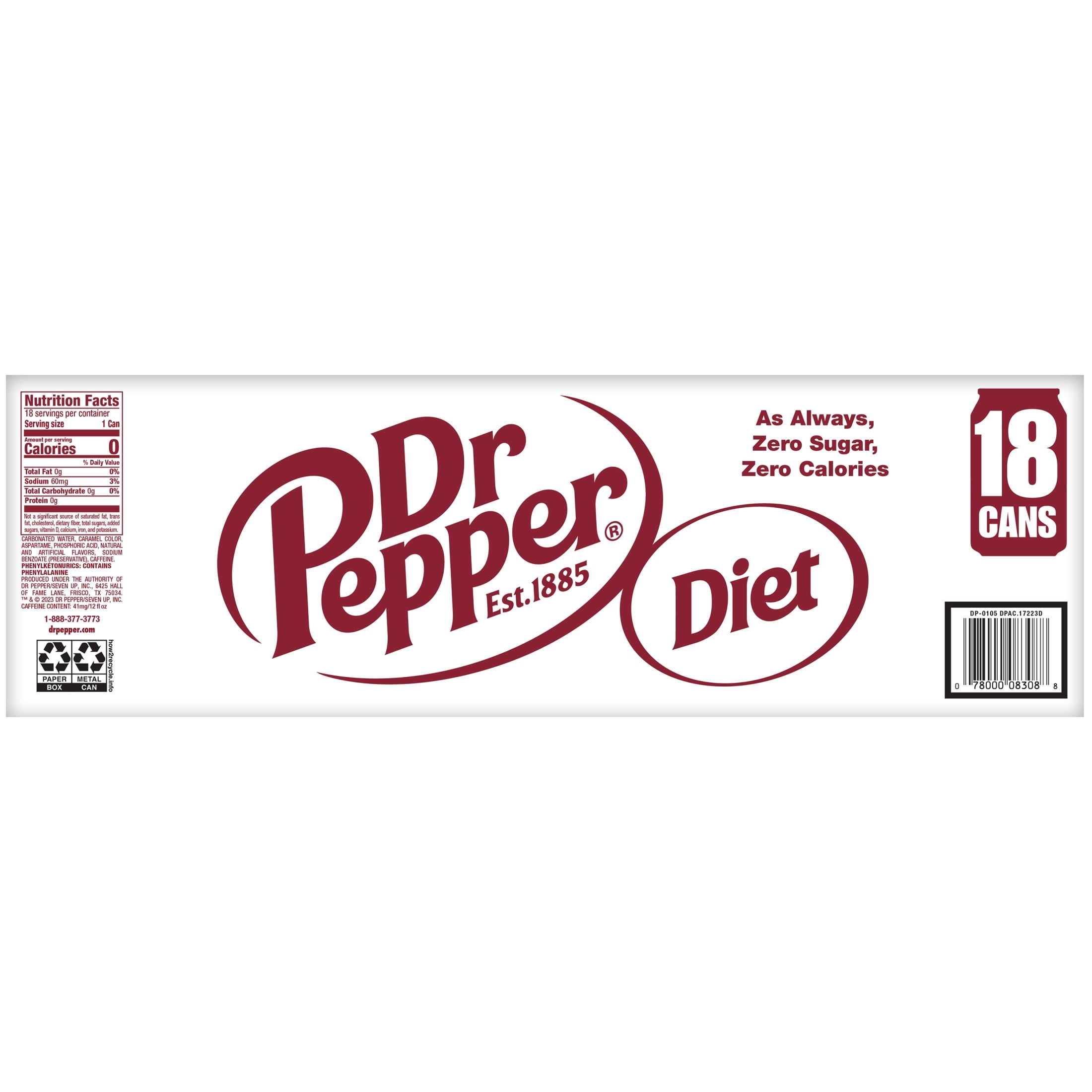 Diet Dr Pepper Soda Pop, 12 fl oz cans, 18 pack