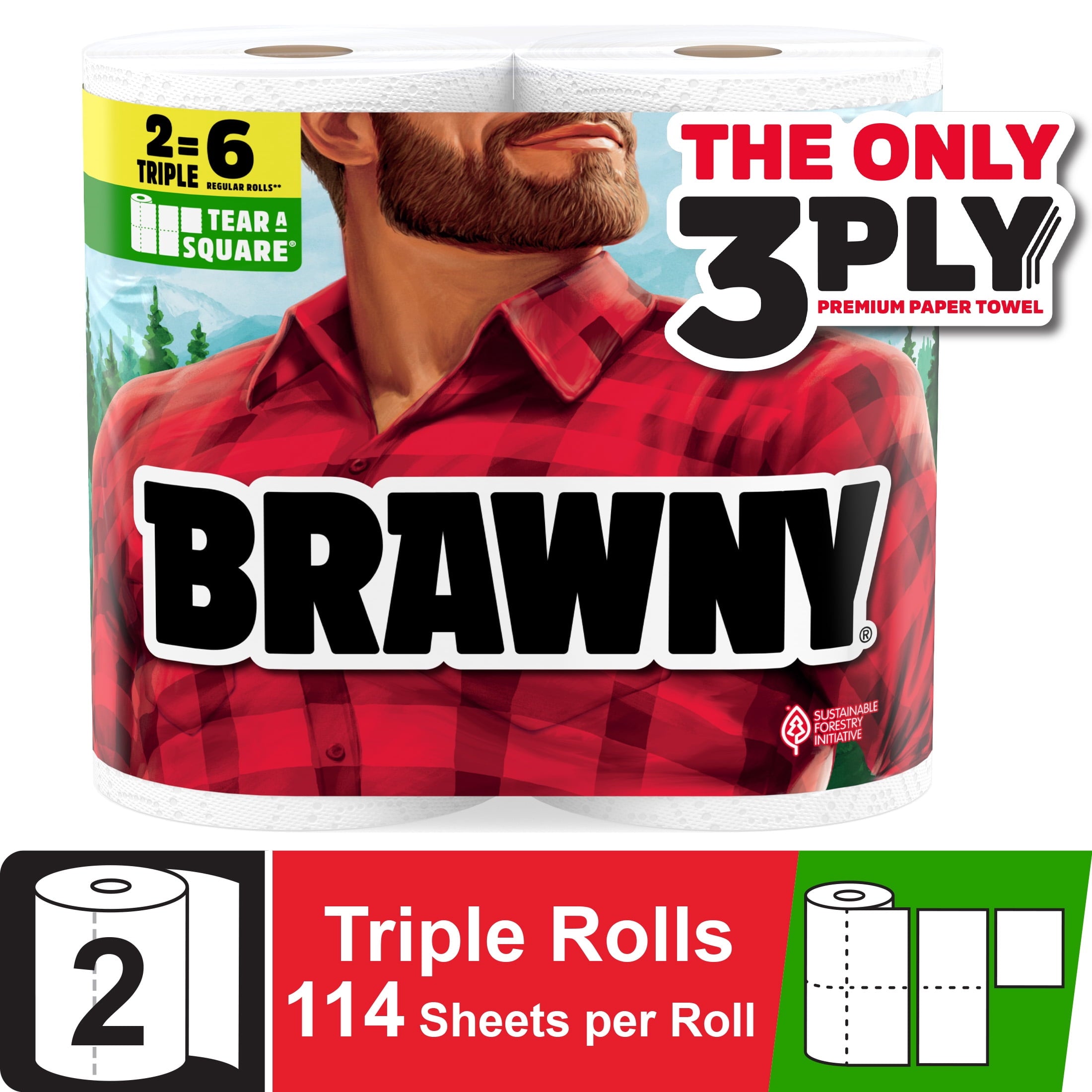 Brawny Tear-A-Square 3-Ply Paper Towels, 2 Triple Rolls, 114 Sheets per Roll