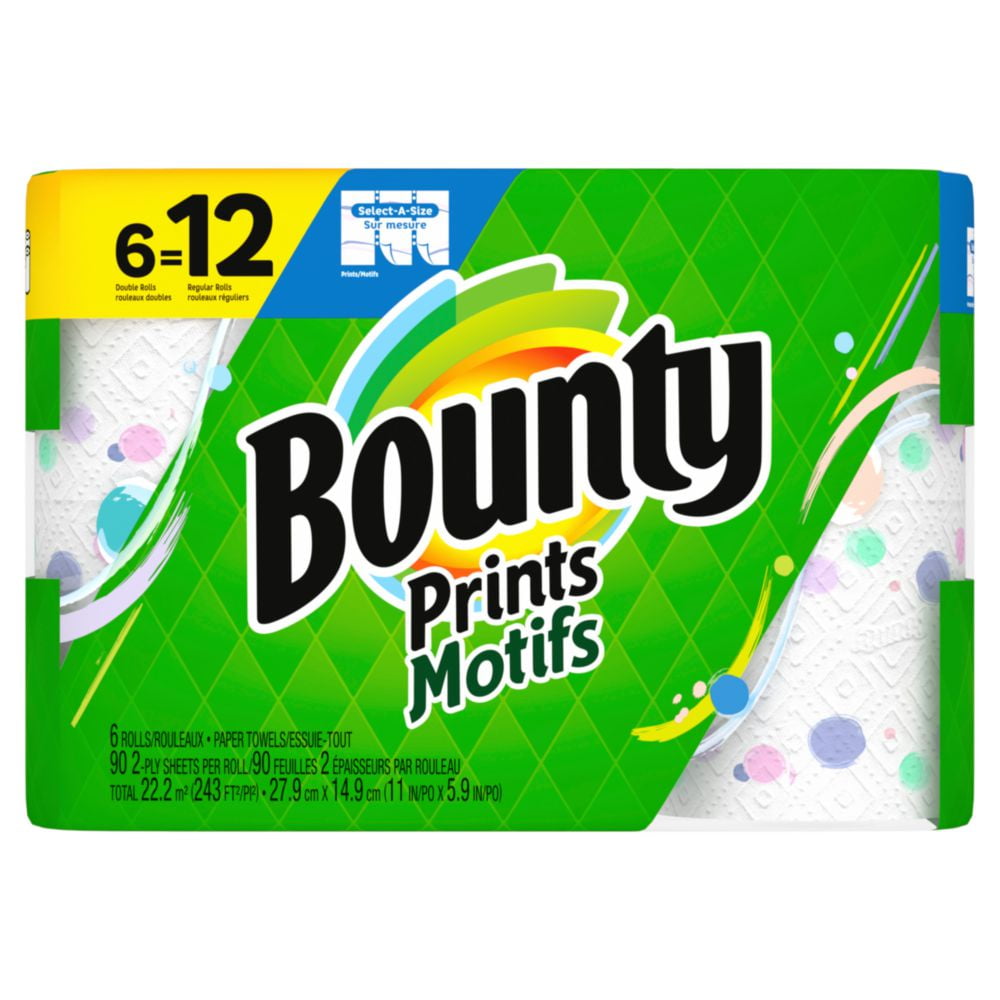 Bounty Select-A-Size Paper Towels, 6 Double Rolls, Print, 90 Sheets Per Roll