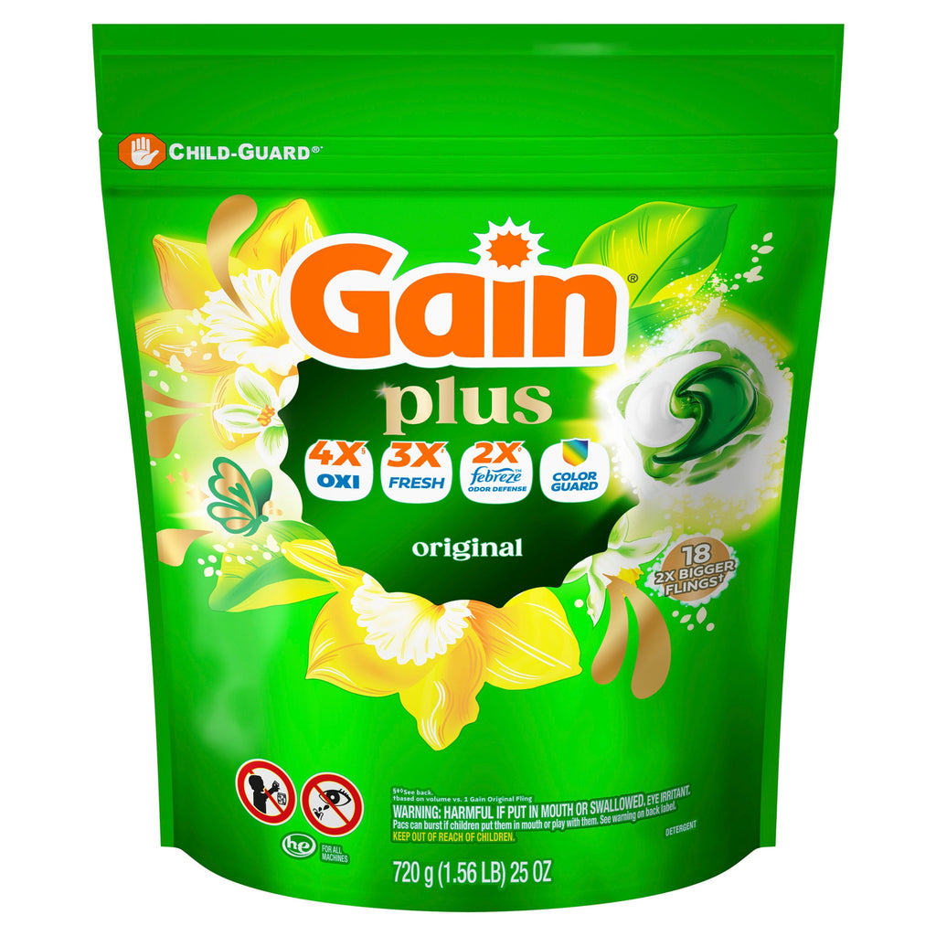 Gain Plus Flings Laundry Detergent Liquid Washing Pacs, Gain's Best All-In-One Clean, Original Scent, 18 Count