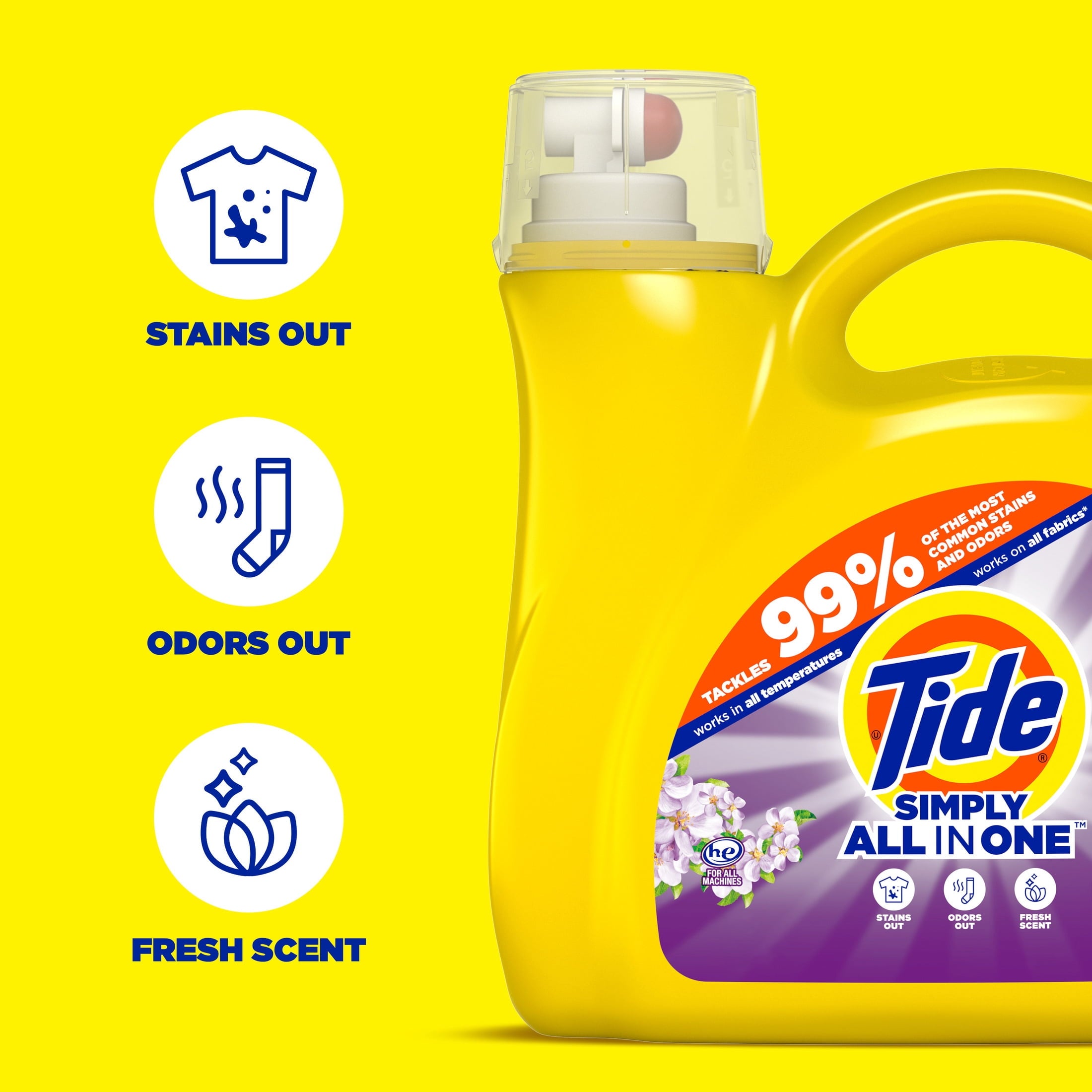 Tide Simply Liquid Laundry Detergent, Clean & Fresh, Berry Blossom Scent, 85 Loads, 107 fl oz