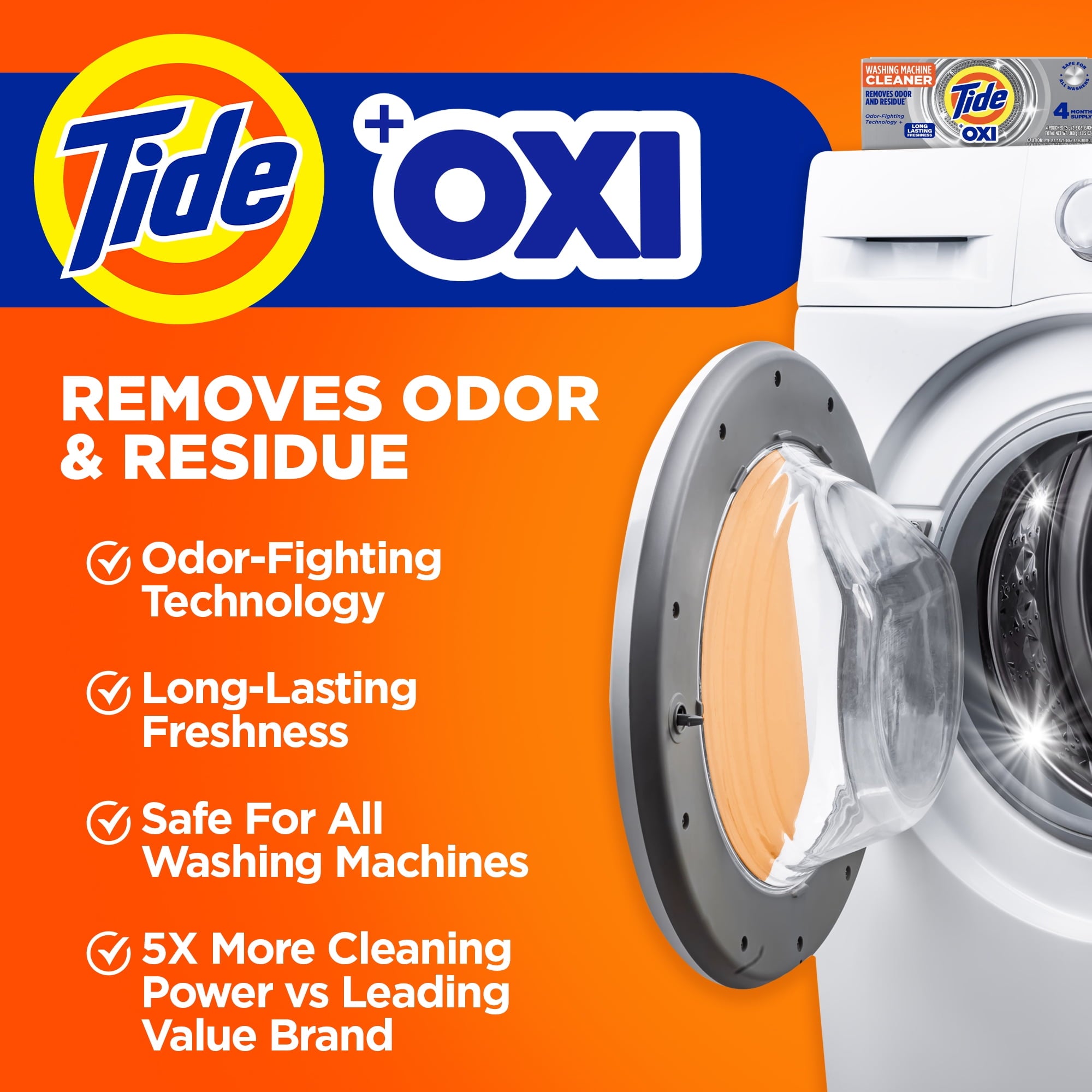 Tide Washing Machine Cleaner with Oxi Powder, Odor Eliminator and Washer Residue Remover, 4 Count