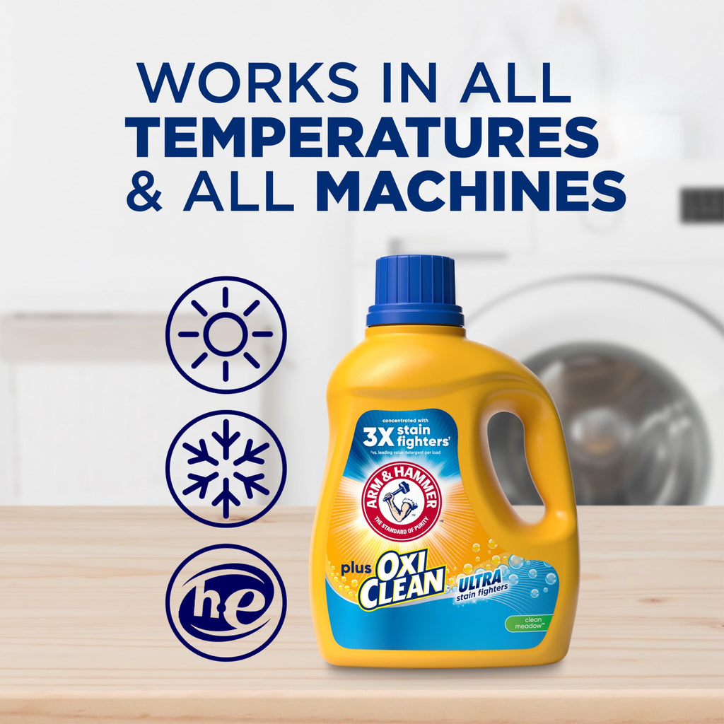 ARM & HAMMER Plus OxiClean Ultra Stain Fighters Liquid Laundry Detergent, Stain Remover for Clothes, Clean Meadow, 74 Loads, 96.2 fl oz