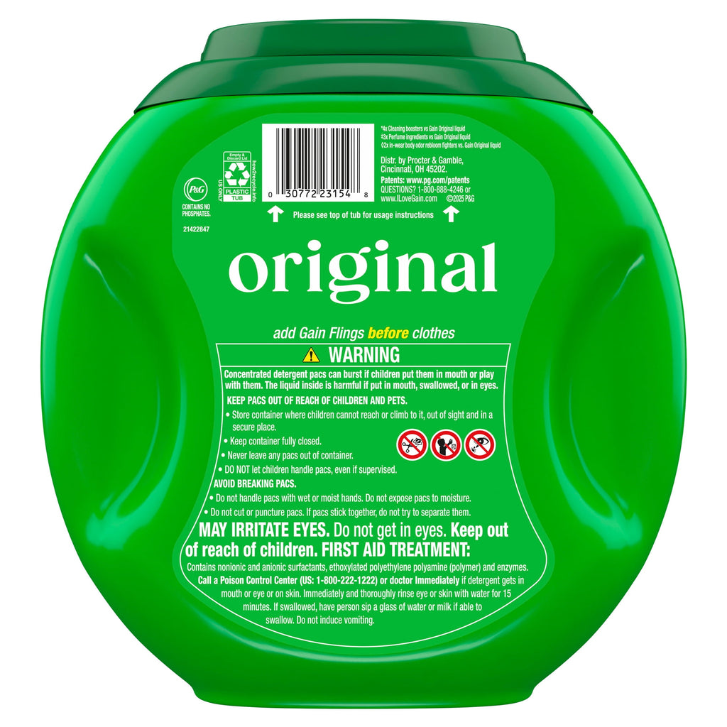 Gain Plus Flings Laundry Detergent Liquid Washing Pacs, Gain's Best All-In-One Clean, Original Scent, 32 Count