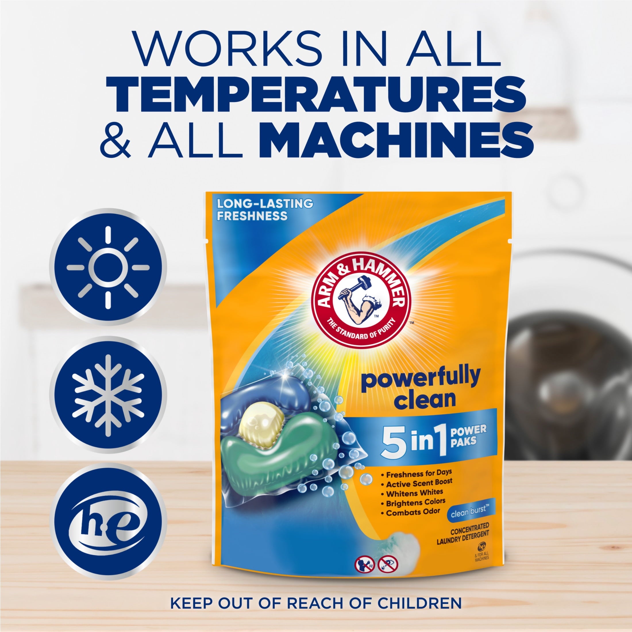 ARM & HAMMER Clean Burst 5-in-1 Laundry Detergent Power Paks, Powerfully Clean, Clean Burst Scent, 42 Count