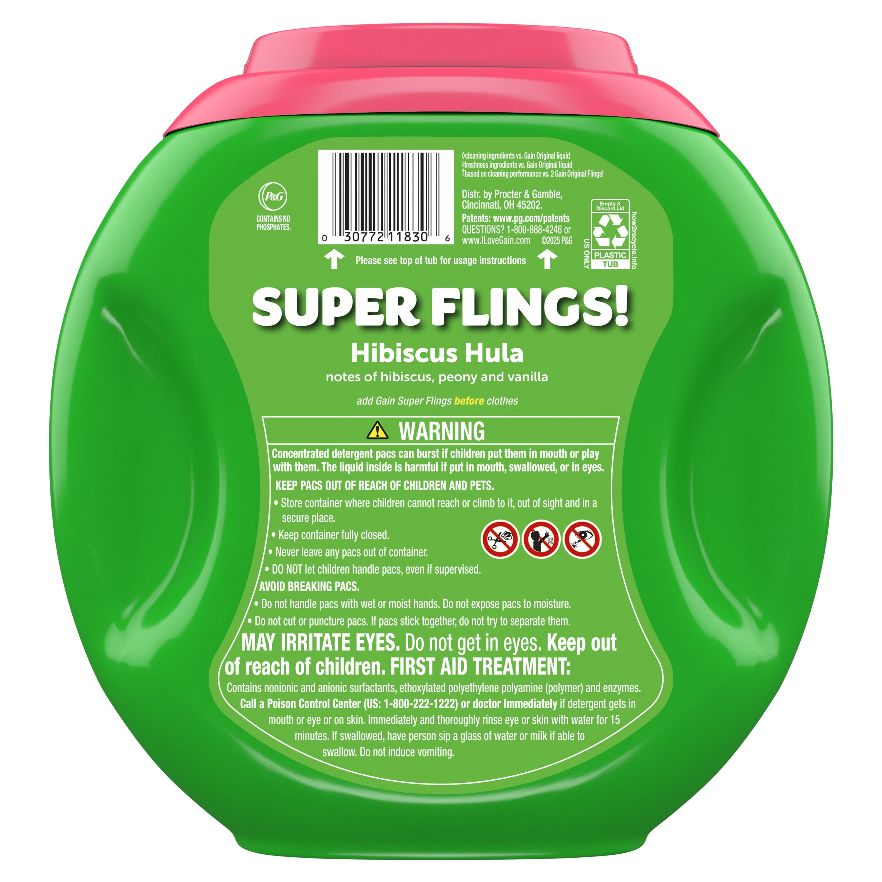 Gain Plus Flings Laundry Detergent Soap Pacs, All-In-One, Happy Hibiscus Scent, 32 Count