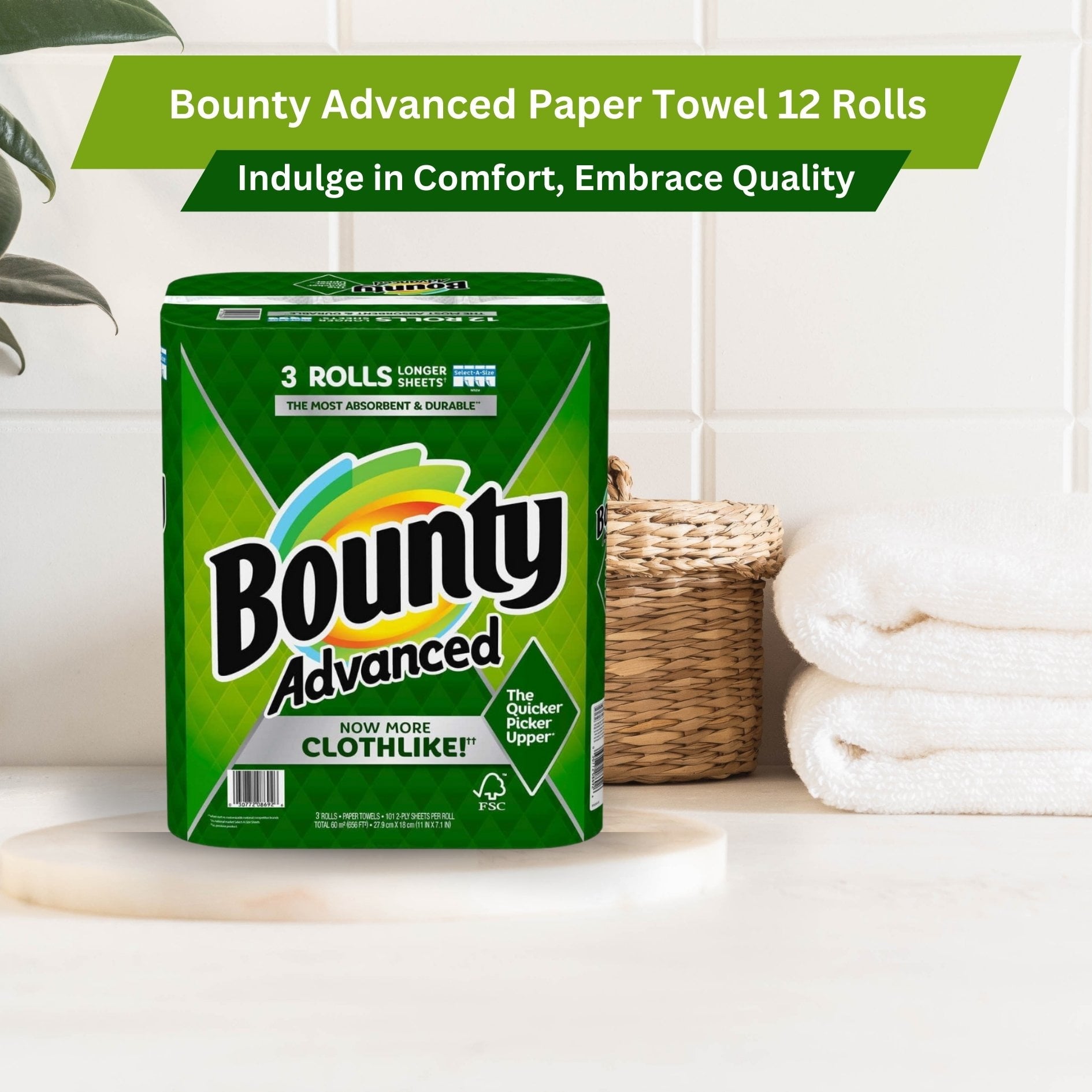 Bounty Advanced 2-Ply Paper Towel - Absorbent, Durable, and Clothlike - Select-A-Size - 3 Rolls