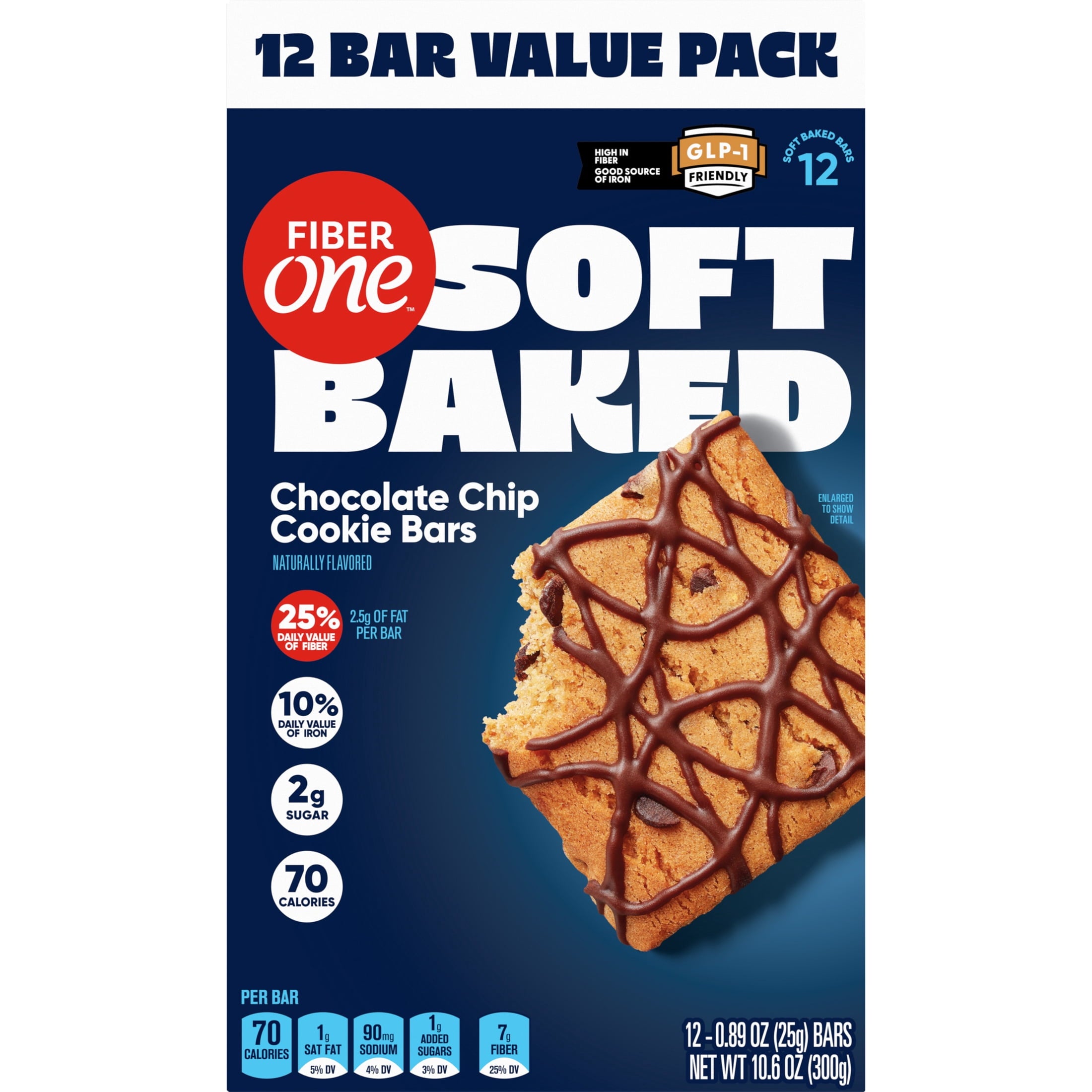 Fiber One Soft Baked Chocolate Chip Cookie Bars, Fiber Snacks, Value Pack, 12 Ct, 10.6 oz