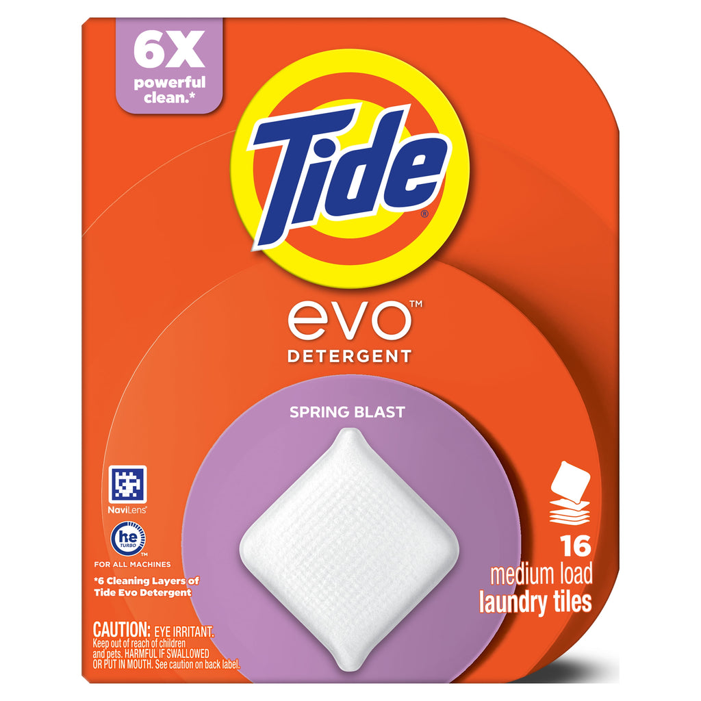 Tide Evo Laundry Detergent Tiles, 100% Concentrated, 6X Cleaning Power, Spring Blast Scent, 16 Count