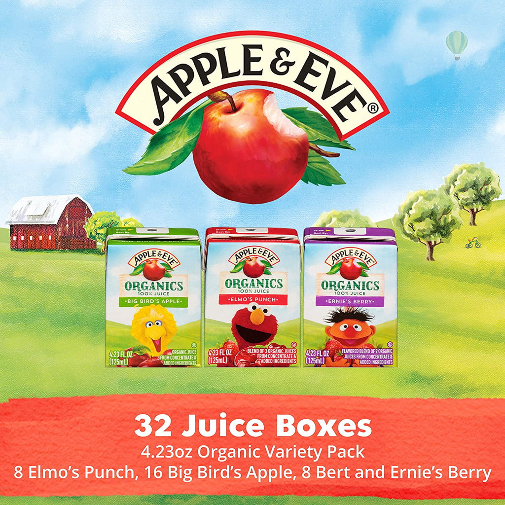 Apple & Eve Sesame Street Organic 100% Juice Variety Pack, 4.23 Fl. Oz., 32 Count