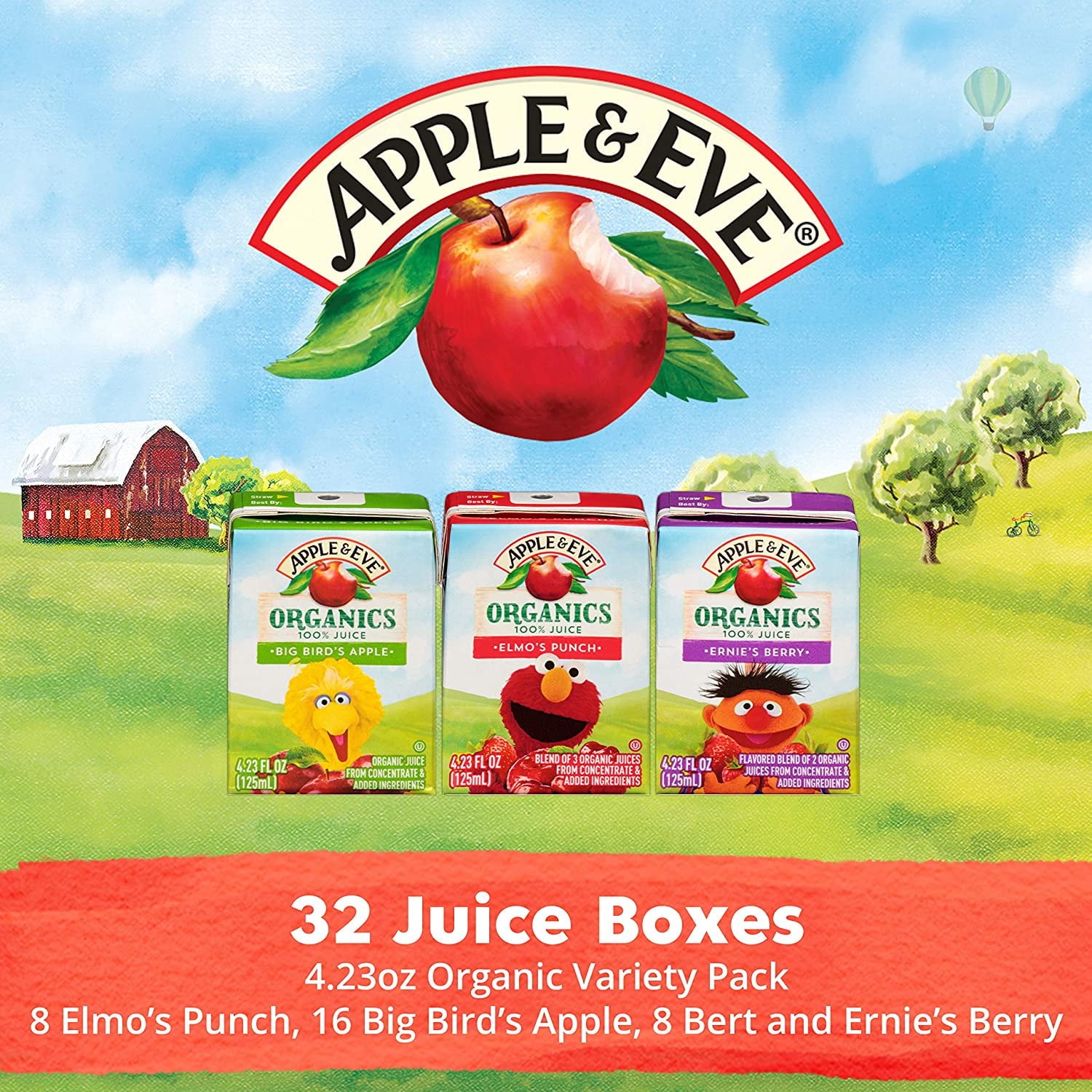 Apple & Eve Sesame Street Organic 100% Juice Variety Pack, 4.23 Fl. Oz., 32 Count