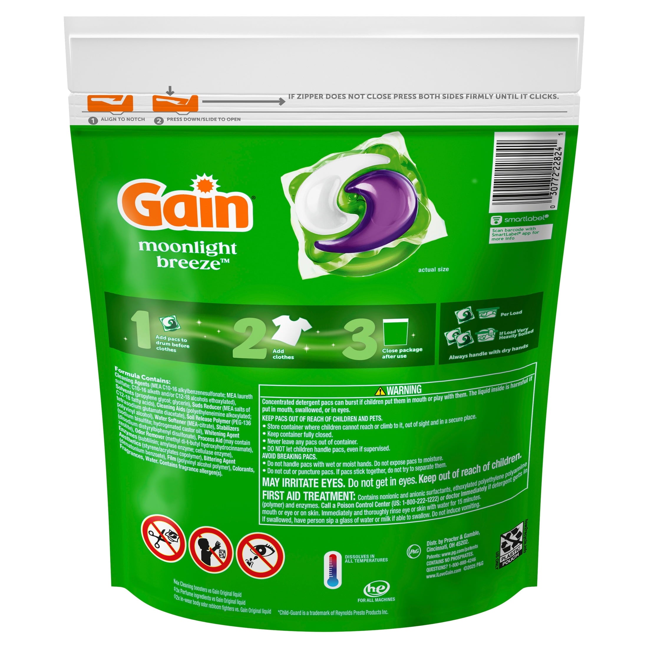 Gain Plus Flings Laundry Detergent Liquid Washing Pacs, Gain's Best All-In-One Clean, Moonlight Breeze Scent, 18 Count