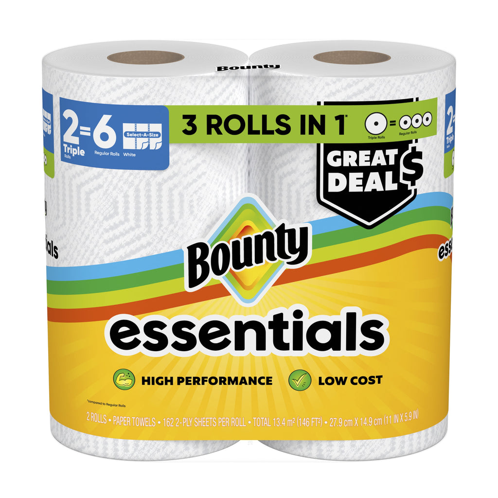 Bounty Essentials Paper Towels Select-A-Size 6 Double Rolls, White, 108 Sheets Per Roll