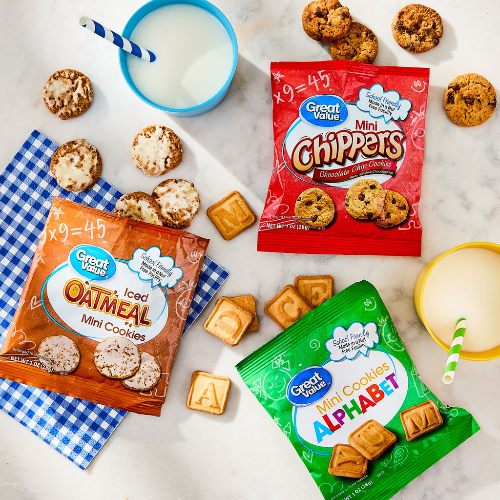 Great Value Mini Alphabet, Chippers & Oatmeal Cookies Variety Pack, 1 oz, 30 Snack Packs