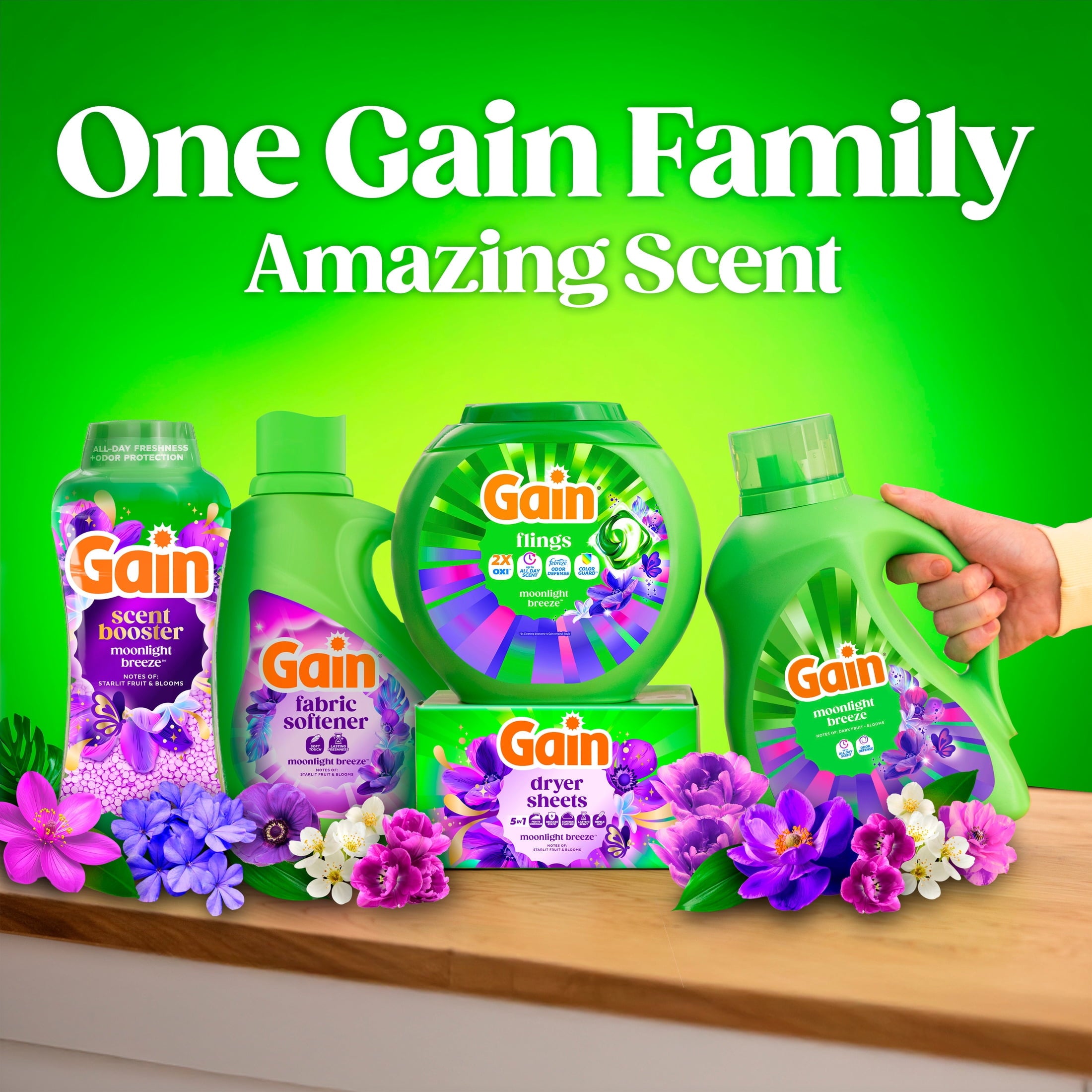 Gain Flings Laundry Detergent Soap Pacs, 4-in-1 Oxi Boost and Febreze, Moonlight Breeze Scent, 102 Count