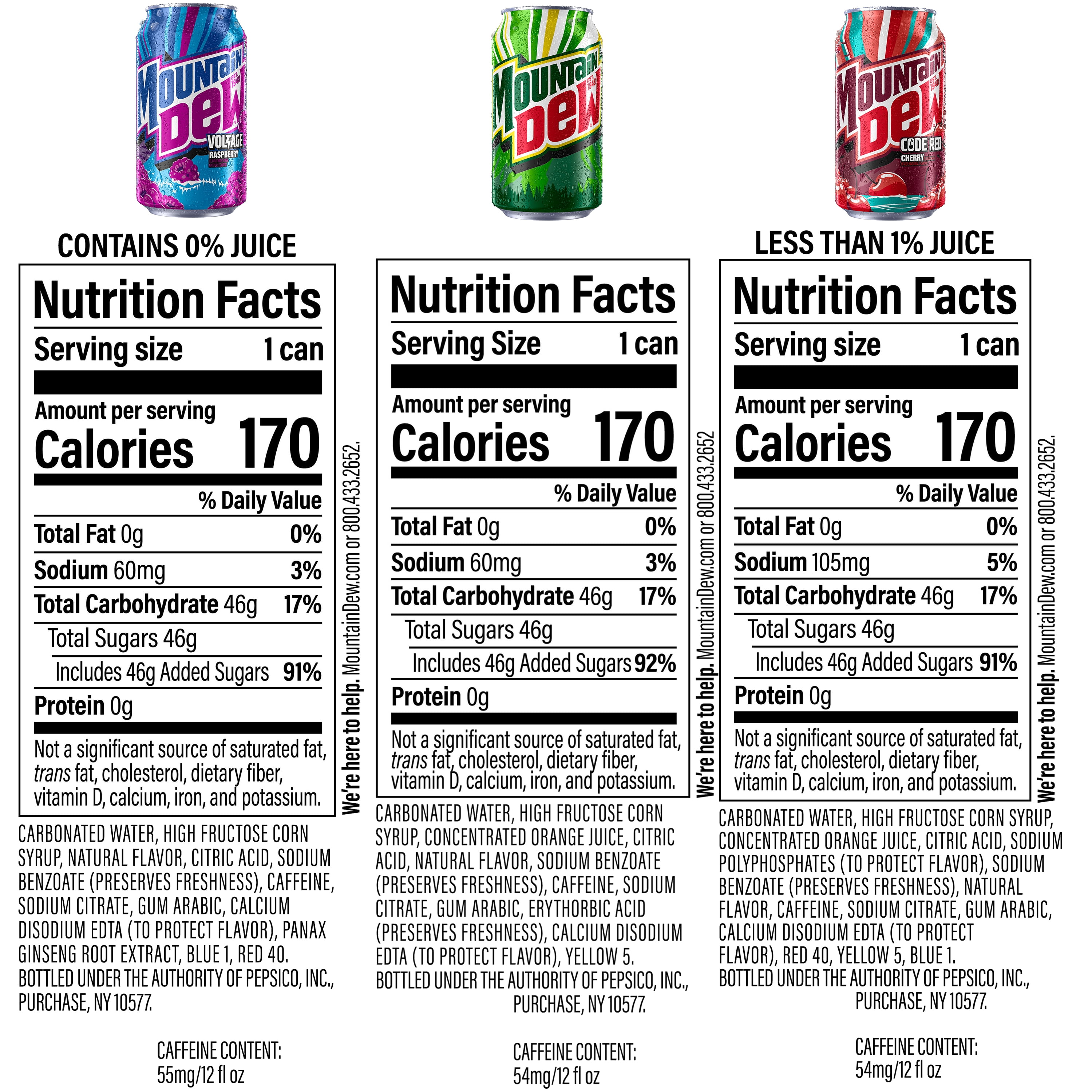 Mountain Dew Flavored Soda Pop Variety Pack, Original, Code Red, Voltage, 12 Ounce Cans, 18 Count