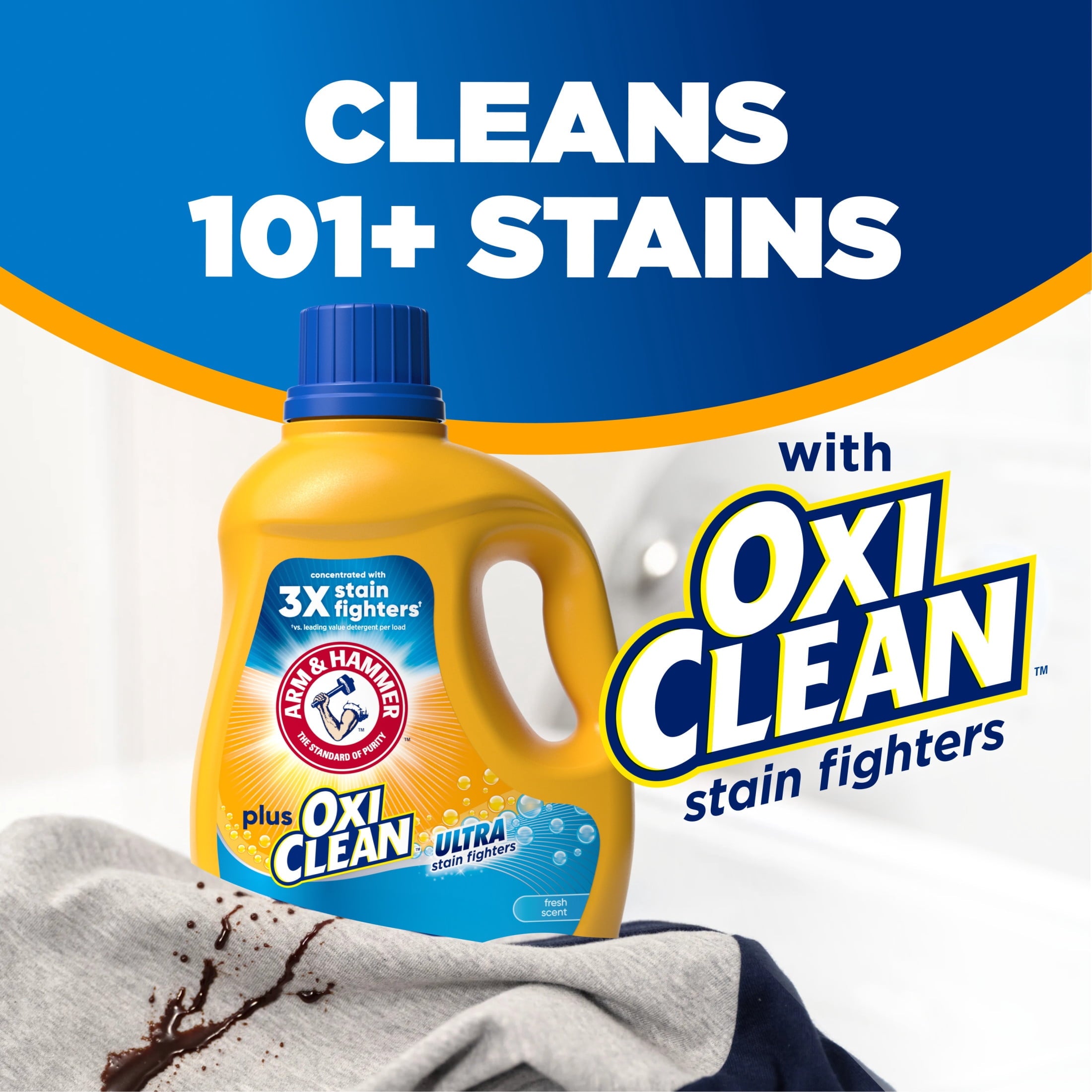 ARM & HAMMER Plus OxiClean Ultra Stain Fighters Liquid Laundry Detergent, Fresh Scent, 96.2 Fl Oz