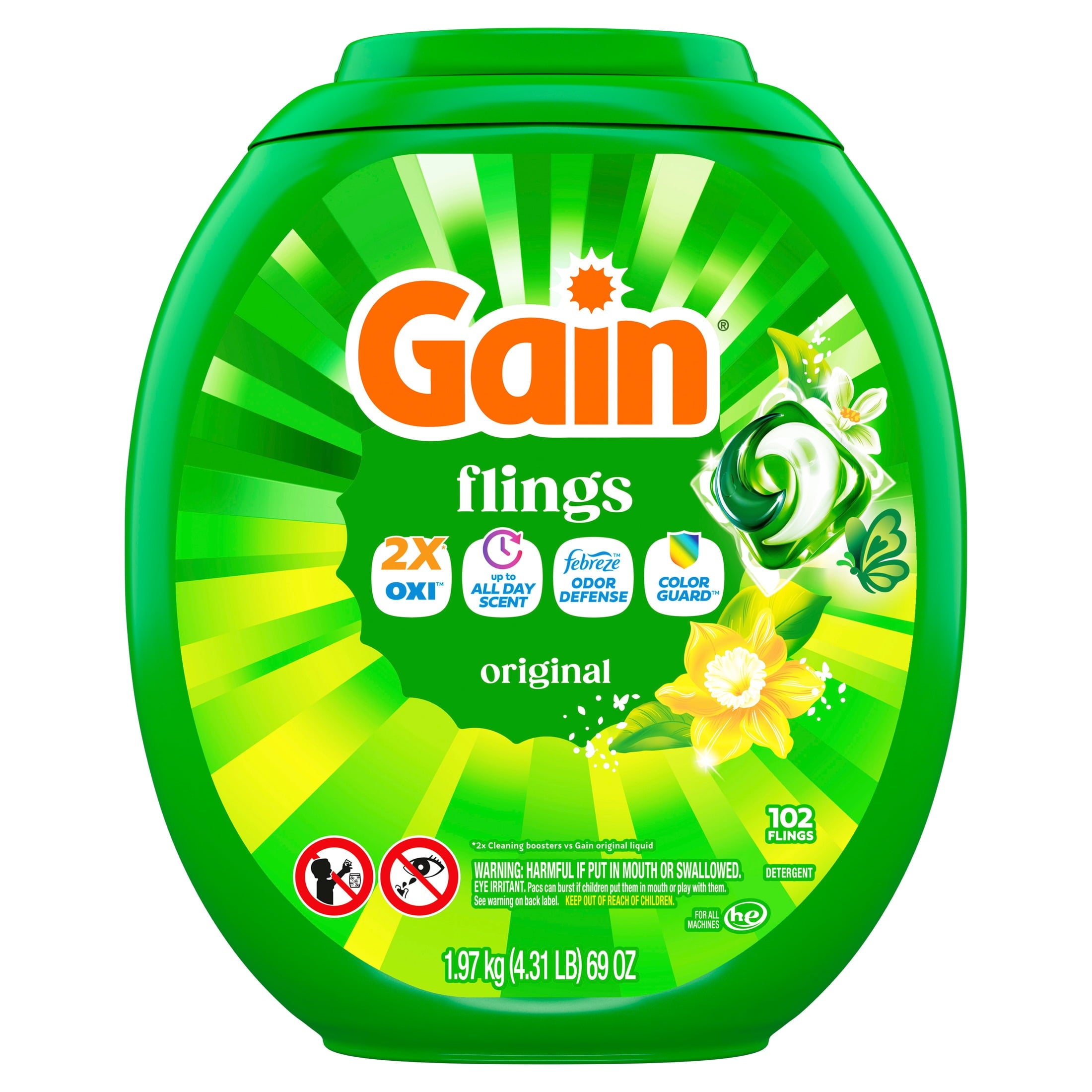 Gain Flings Laundry Detergent Soap Pacs, 4-in-1 Oxi Boost and Febreze, Original Scent, 102 Count