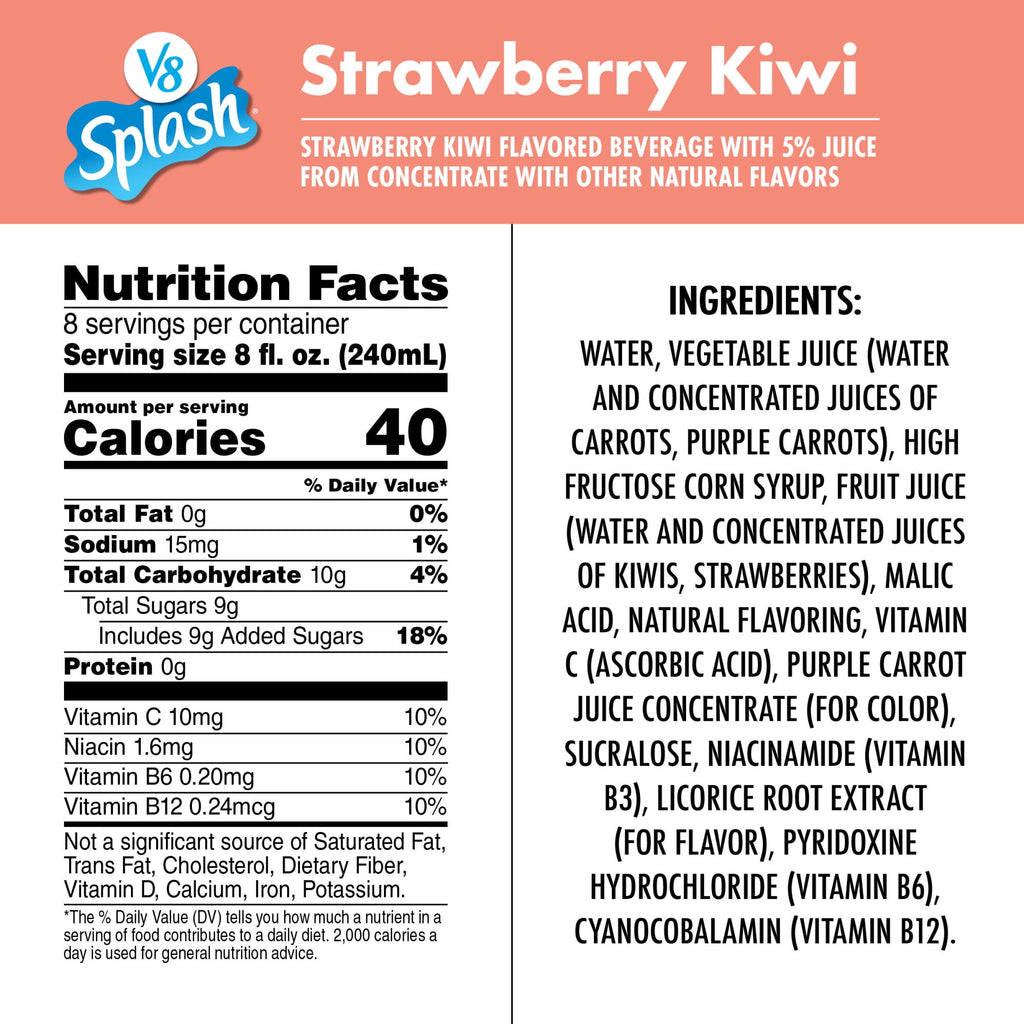 (8 pack) V8 Splash Strawberry Kiwi Flavored Beverage, 64 fl oz Bottle