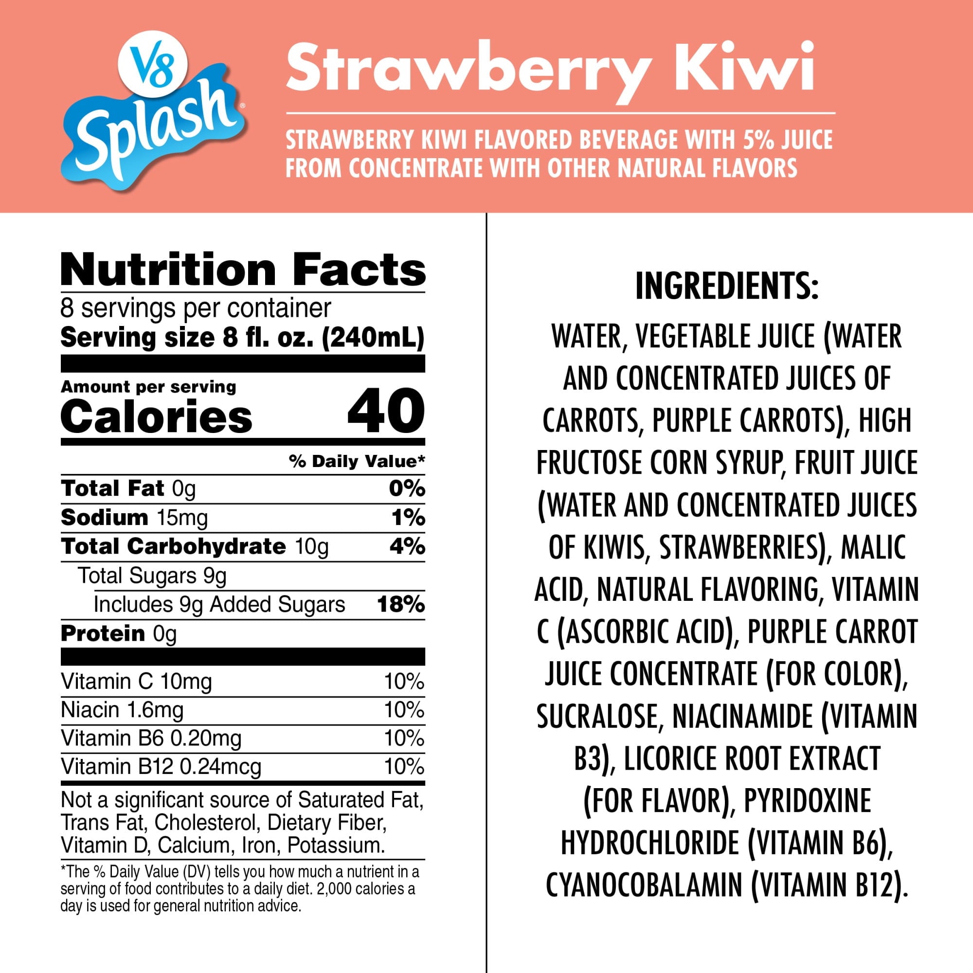 (8 pack) V8 Splash Strawberry Kiwi Flavored Beverage, 64 fl oz Bottle