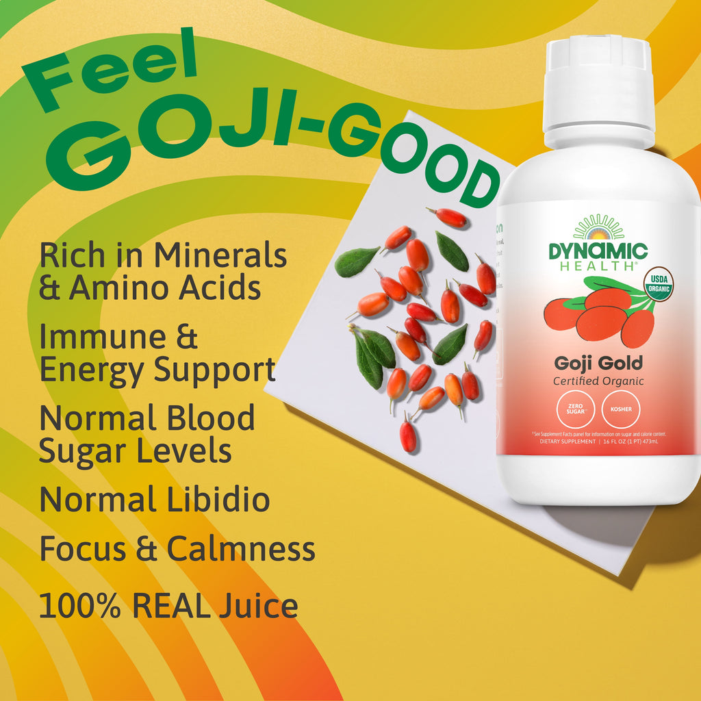 Dynamic Health Goji Gold | Organic Goji 100% Juice | Vegetarian, No Gluten or BPA, Dietary Supplement | 16oz