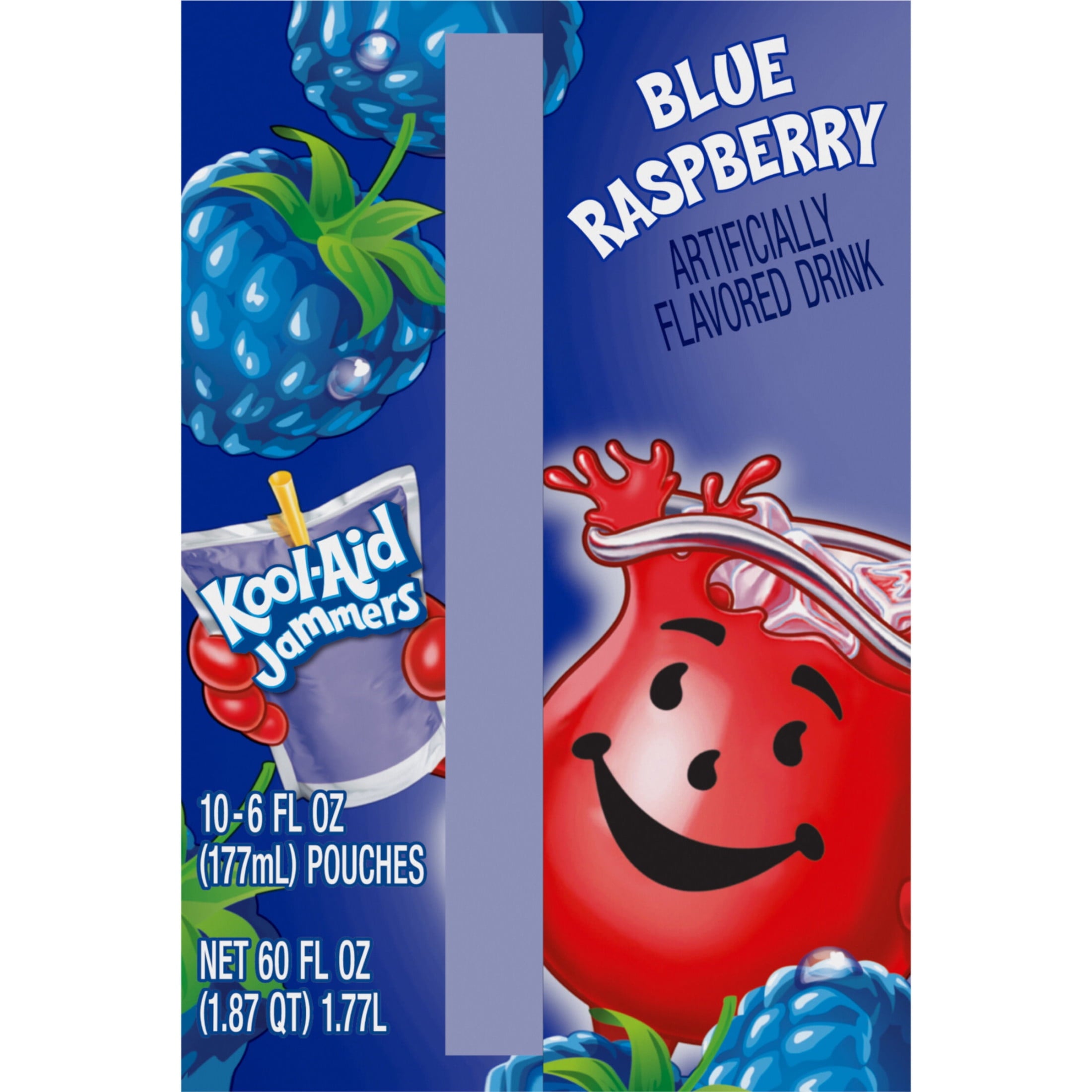 Kool-Aid Jammers Artificially Flavored Drink, 10 Pouches, for School Lunches and On-the-Go Hydration, Blue Raspberry Flavor, Excellent Source of Vitamin C, 6 fl oz