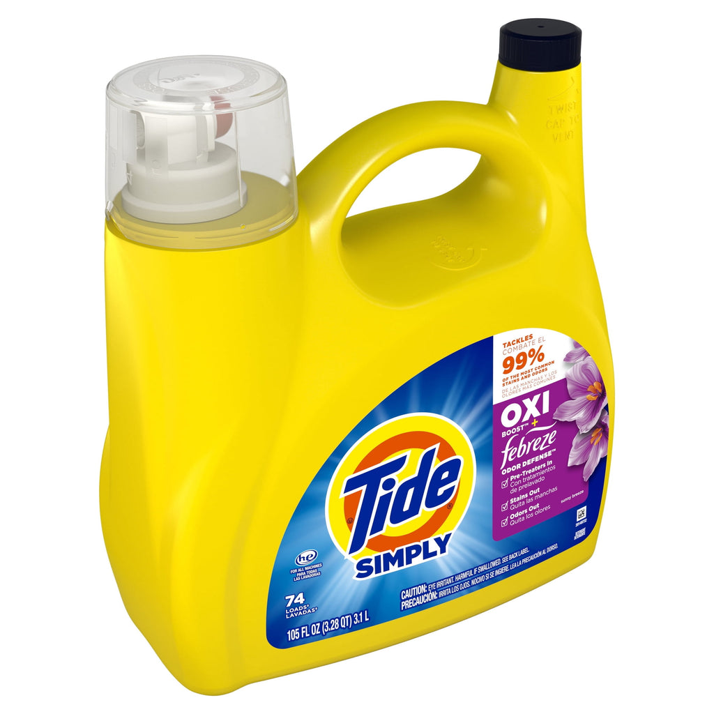 Tide Simply Laundry Detergent Liquid, Oxi Boost + Febreze Odor Defense, Sunny Breeze Scent, 129 fl oz, 96 Loads