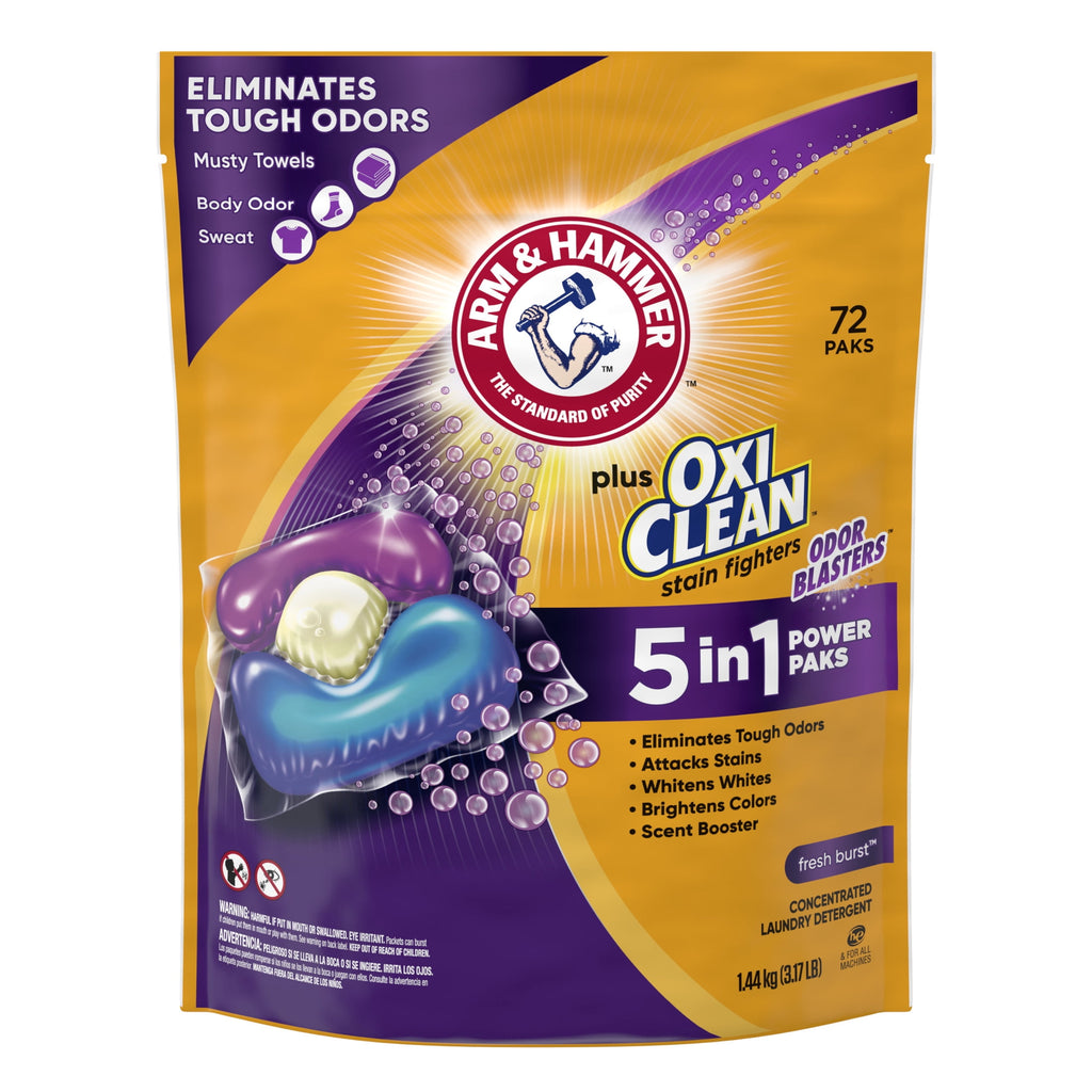 ARM & HAMMER Plus OxiClean With Odor Blasters Laundry Detergent, 5-IN-1 Power Paks, 72 Ct