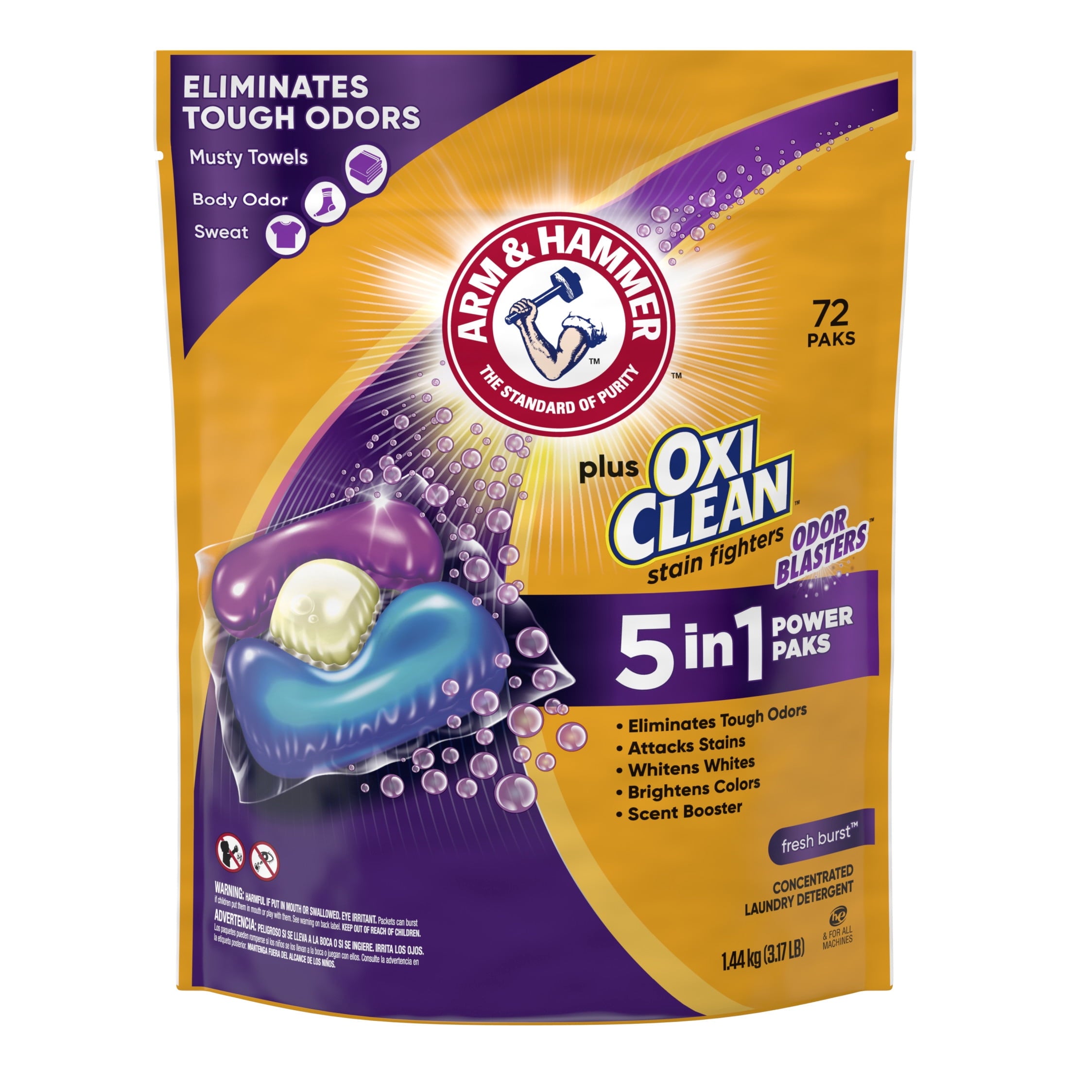 ARM & HAMMER Plus OxiClean With Odor Blasters Laundry Detergent, 5-IN-1 Power Paks, 72 Ct
