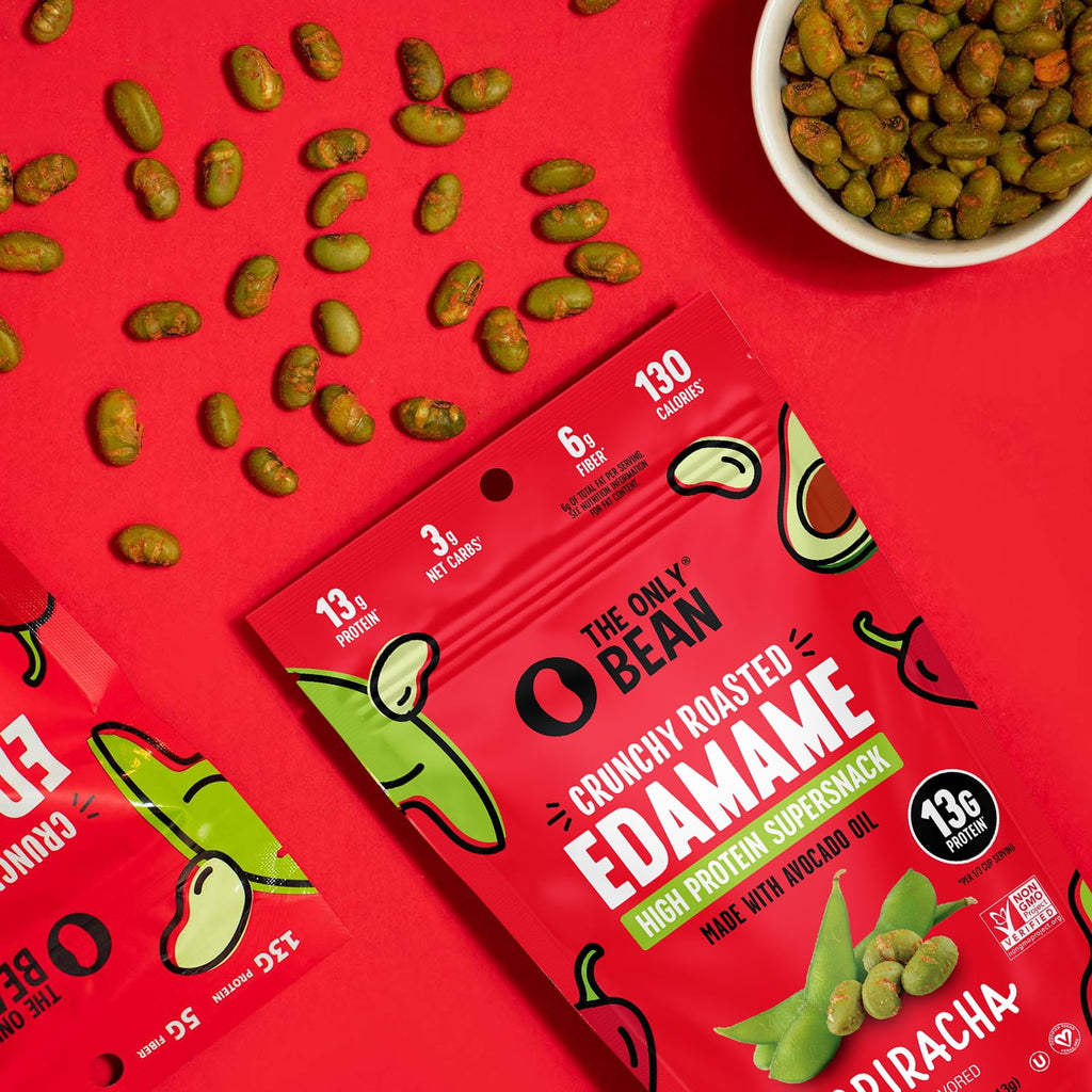 The Only Bean Crunchy Roasted Edamame Snack (Sriracha), High Protein Snacks (13g) Healthy Protein Chips, Keto Friendly Food (2g Net), Plant-Based Vegan Snacks, Office Snacks, Spicy Snack, 4oz 3 Pack
