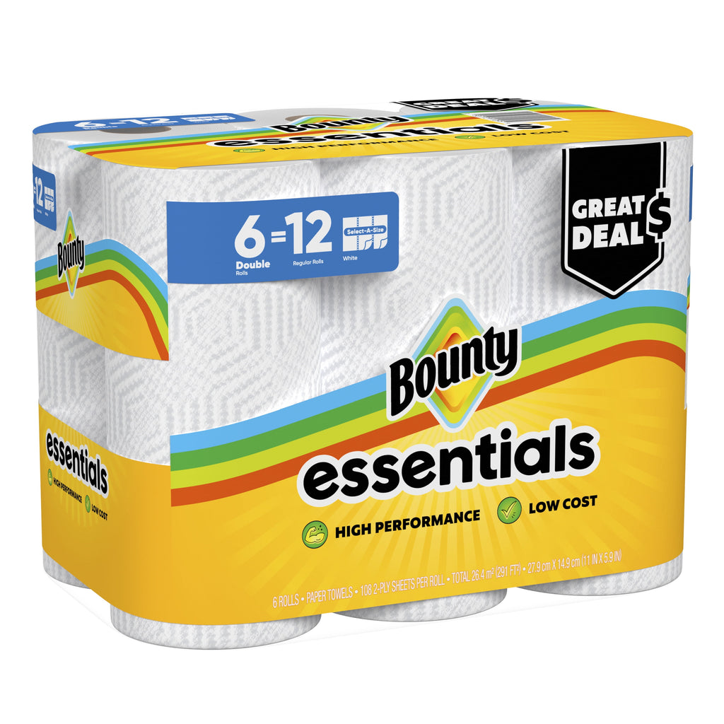 Bounty Essentials Paper Towels Select-A-Size 6 Double Rolls, White, 108 Sheets Per Roll