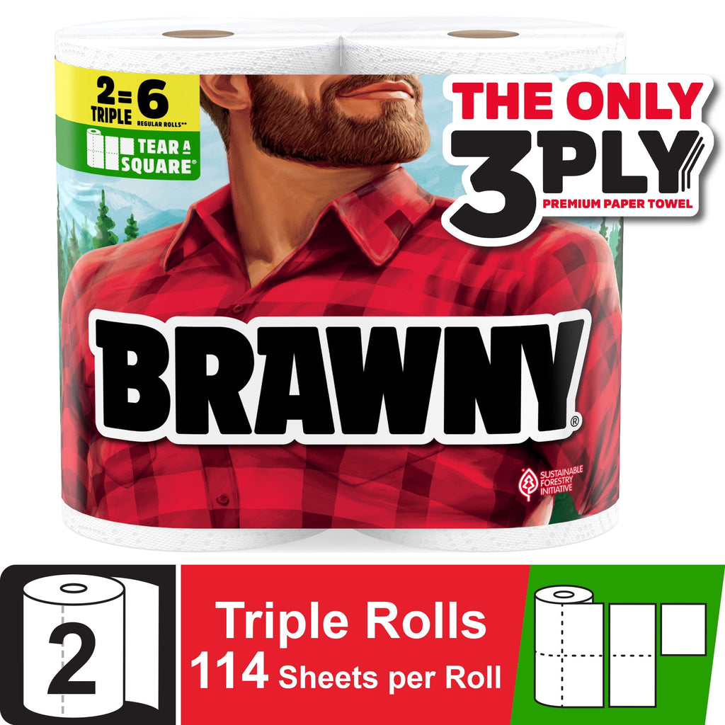 Brawny Tear-A-Square 3-Ply Paper Towels, 2 Triple Rolls, 114 Sheets per Roll