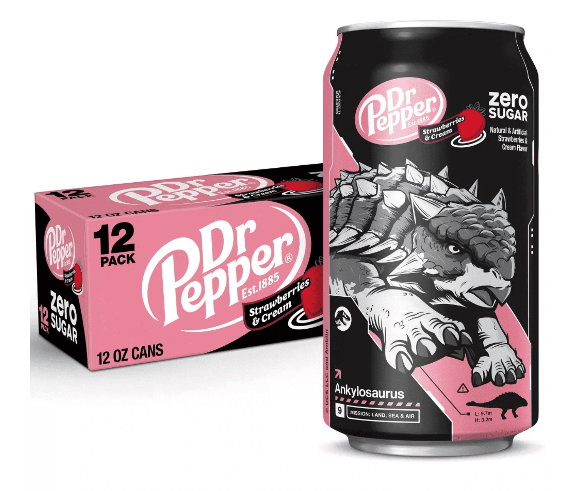 Dr Pepper Zero Sugar Strawberries and Cream Soda Pop, 12 fl oz, 12 Pack Cans