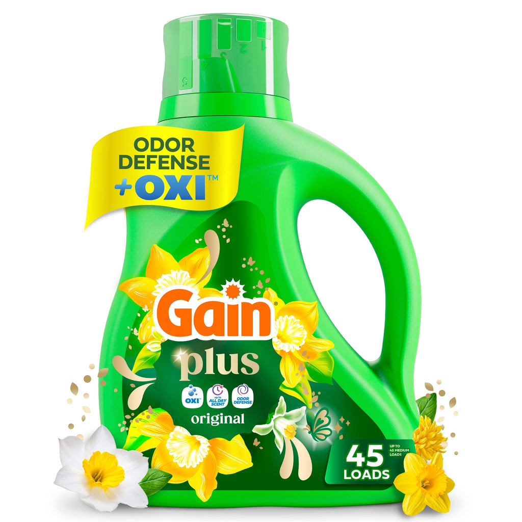 Gain Plus Laundry Detergent Liquid, Now with Odor Defense + OXI, Original Scent, 60 fl oz, 45 Loads