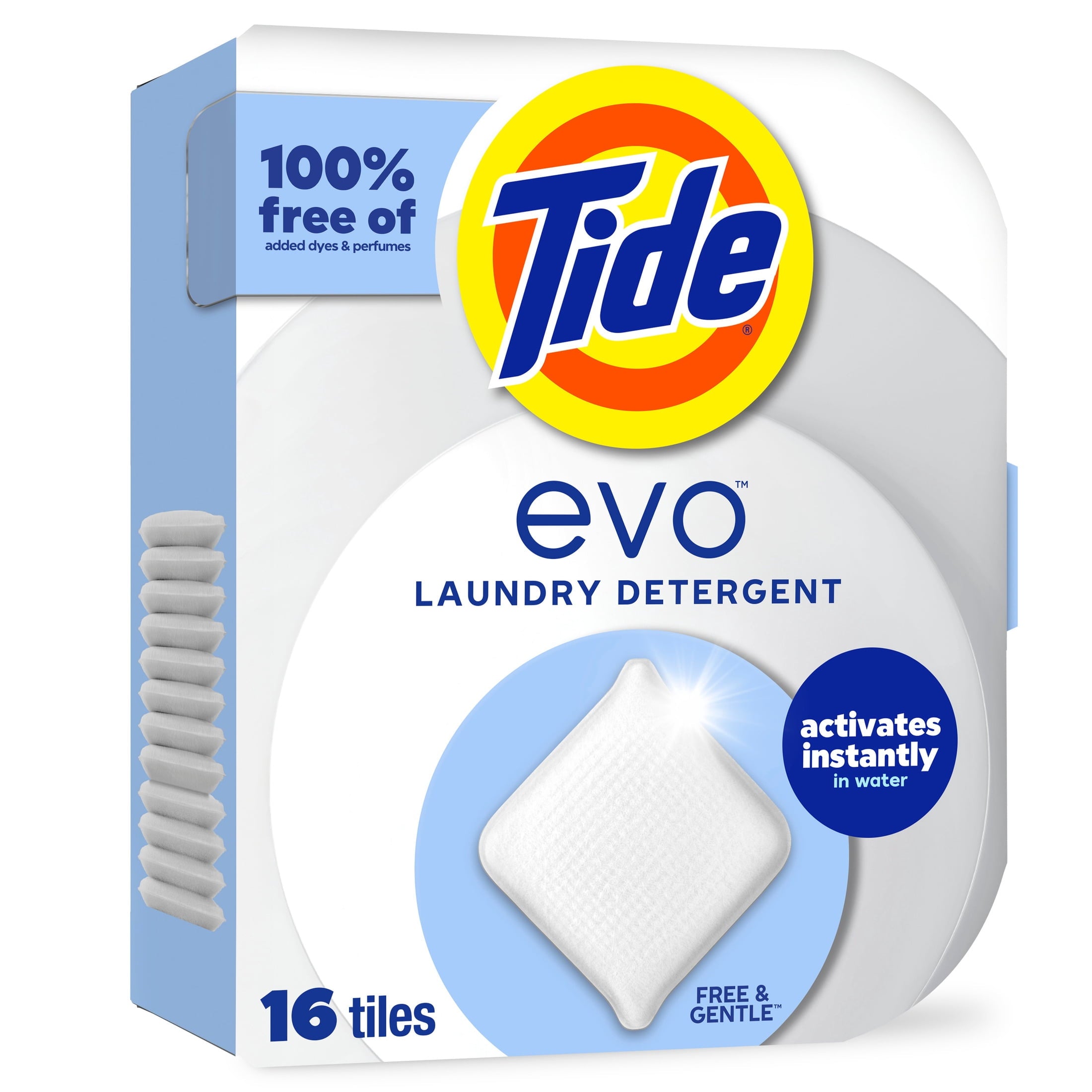 Tide Evo Free & Gentle Laundry Detergent Tiles, Works on 100% of Common Stains, Unscented, 16 Count