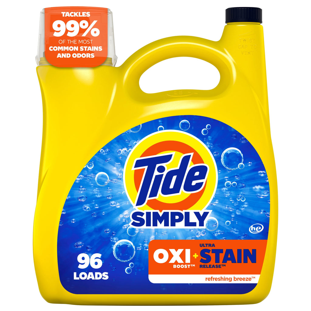 Tide Simply Oxi Boost + Ultra Stain Release Liquid Laundry Detergent, Refreshing Breeze Scent, 105 fl oz, 74 Loads