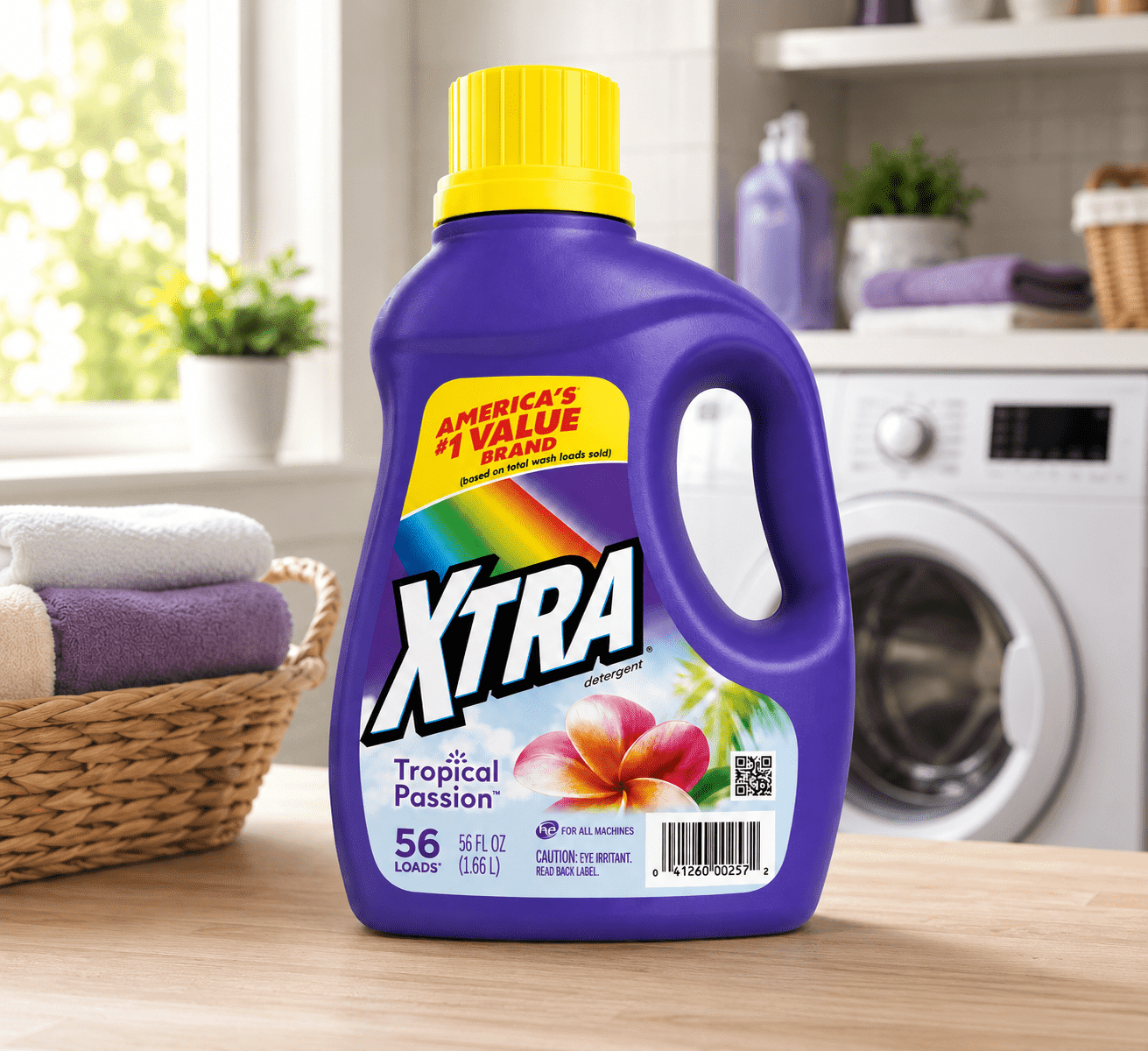 Xtra Tropical Passion Liquid Laundry Detergent, for All Machines, HE Compatible, Tropical Passion Scent, 56 fl oz (1.66 L), 56 Loads