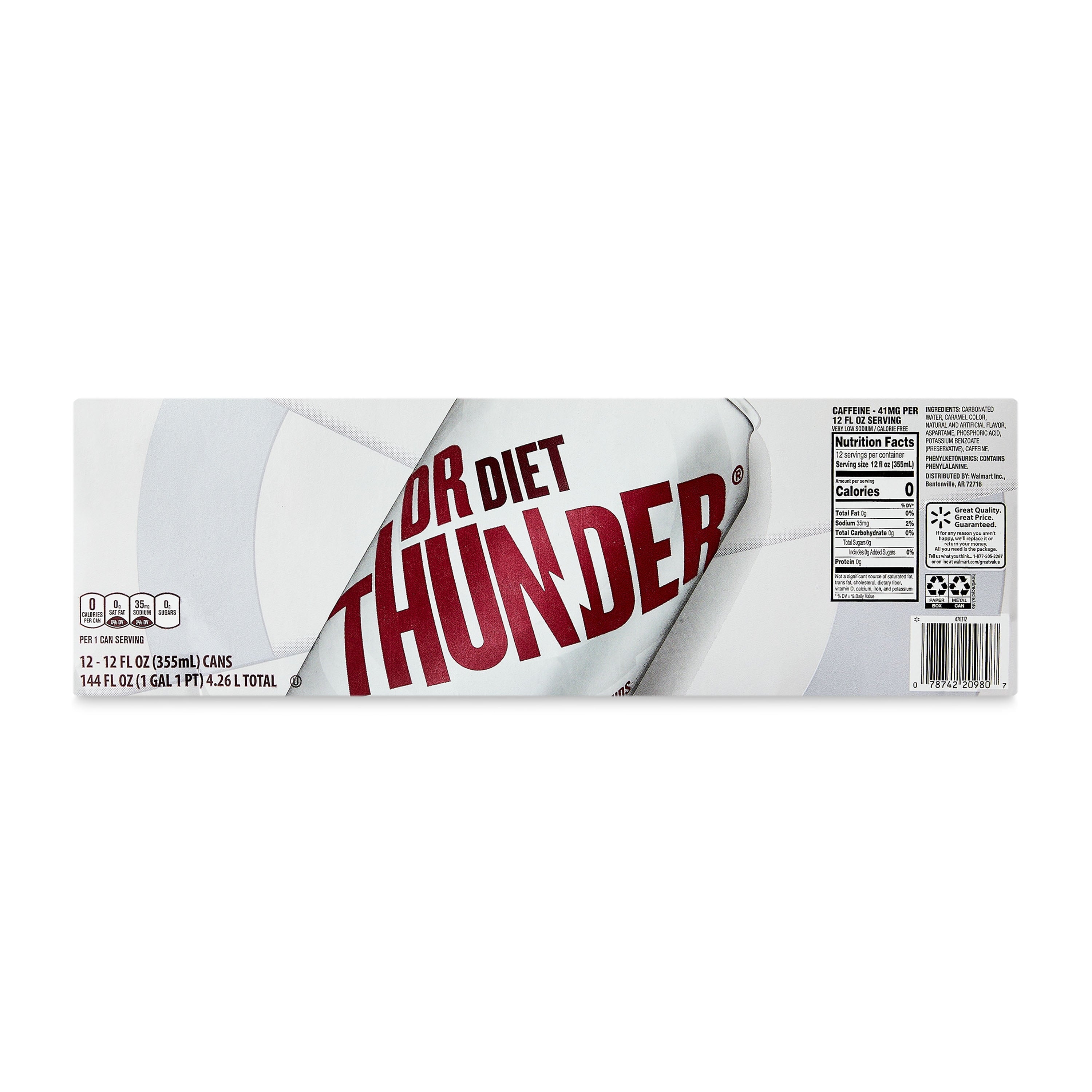 Great Value Dr Thunder Diet Calorie Free Soda Pop, 12 fl oz, 12 Pack Cans
